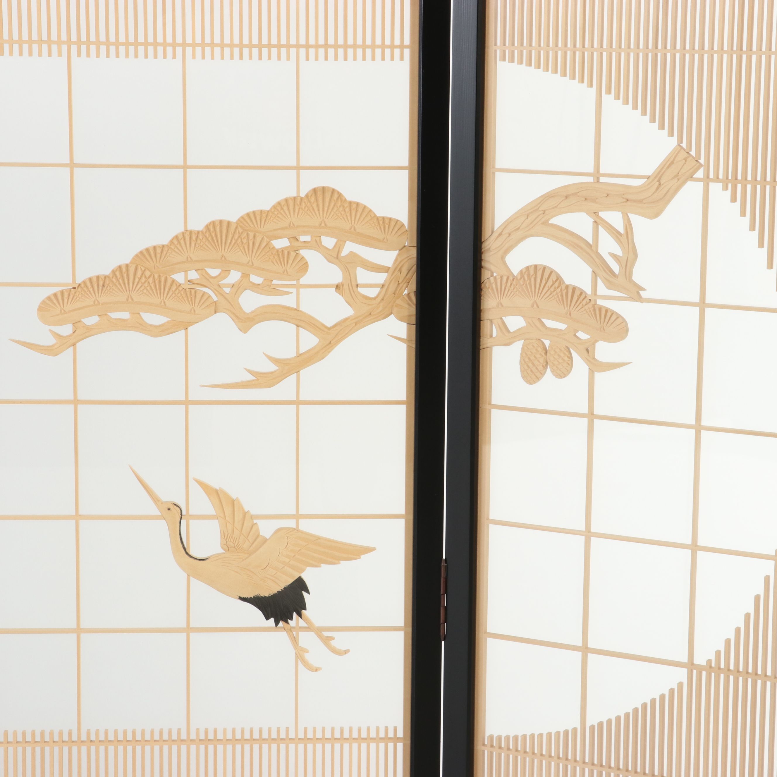 Japanese Four-Panel Shoji Room Divider with Crane and Pine Relief