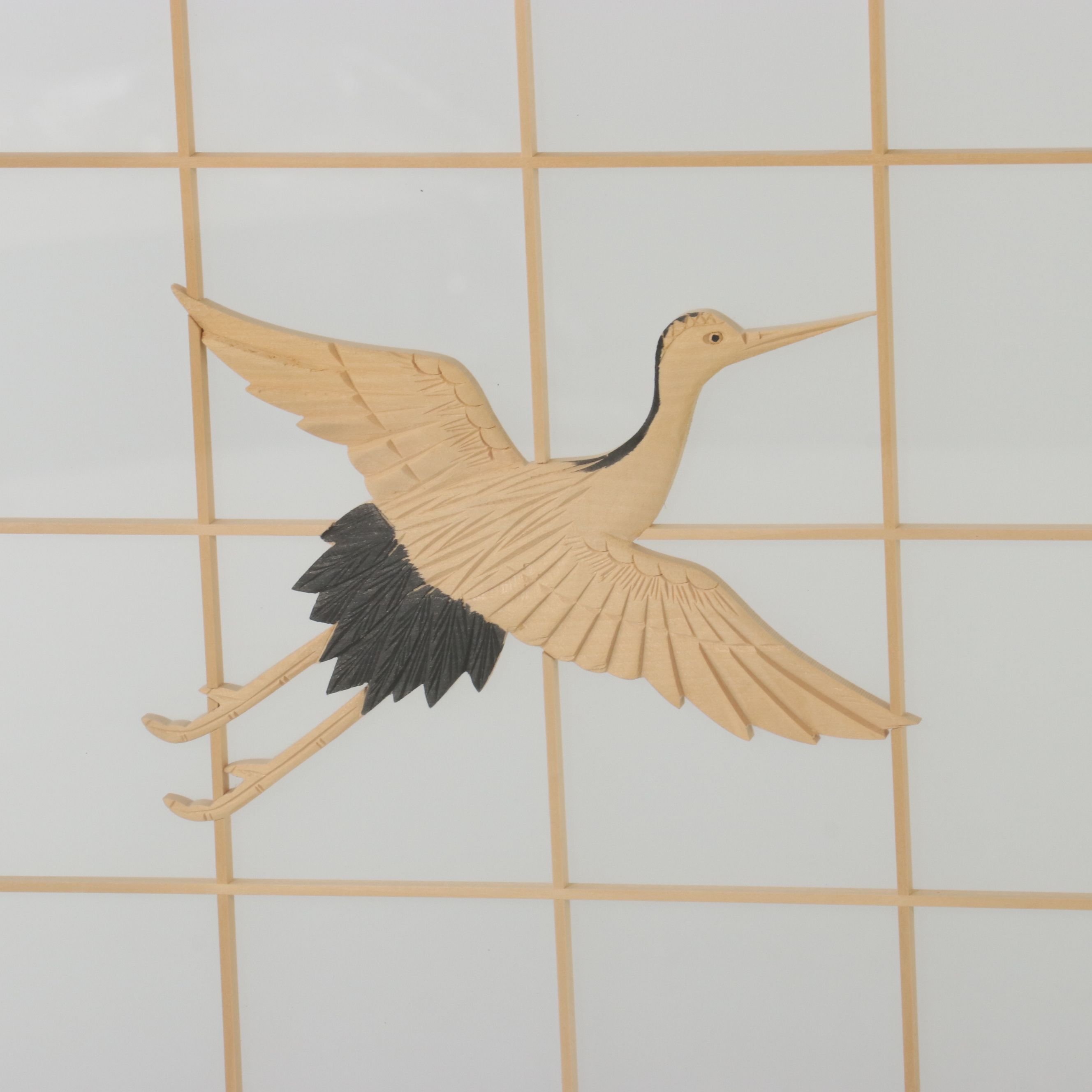 Japanese Four-Panel Shoji Room Divider with Crane and Pine Relief