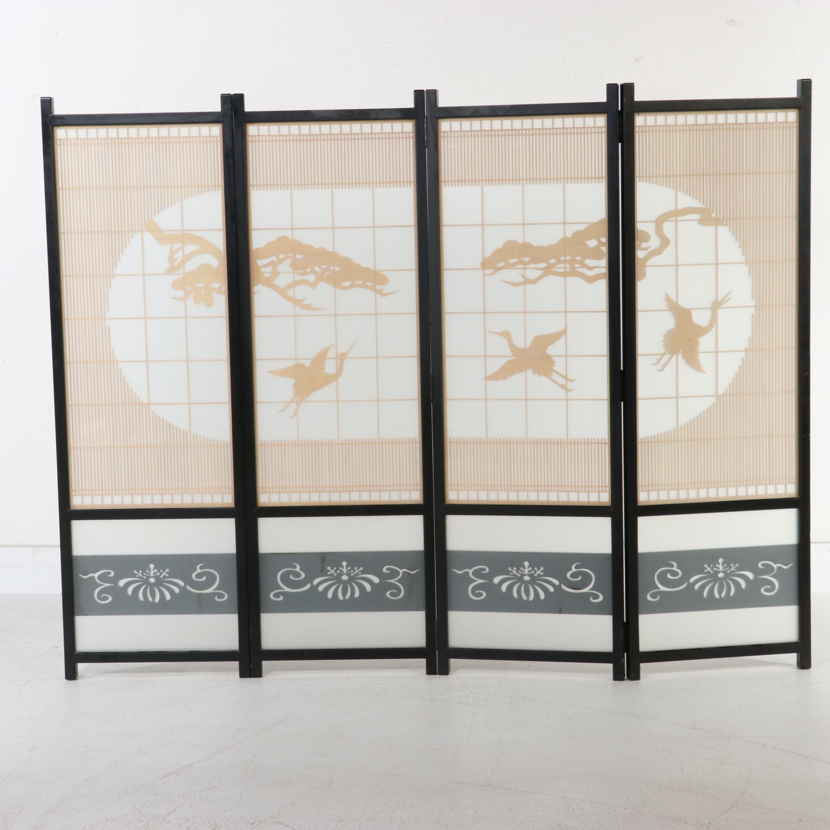 Japanese Four-Panel Shoji Room Divider with Crane and Pine Relief