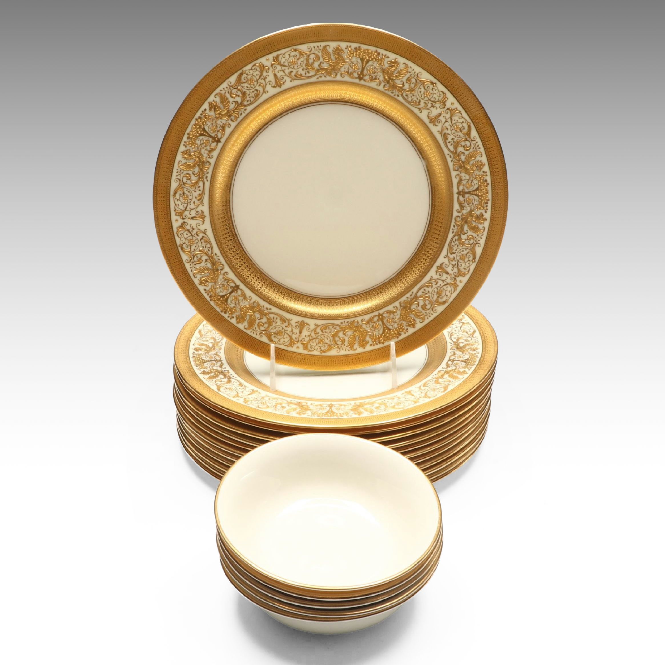 Lenox Gilt Decorated Porcelain Dinner Plates and Dessert Bowls