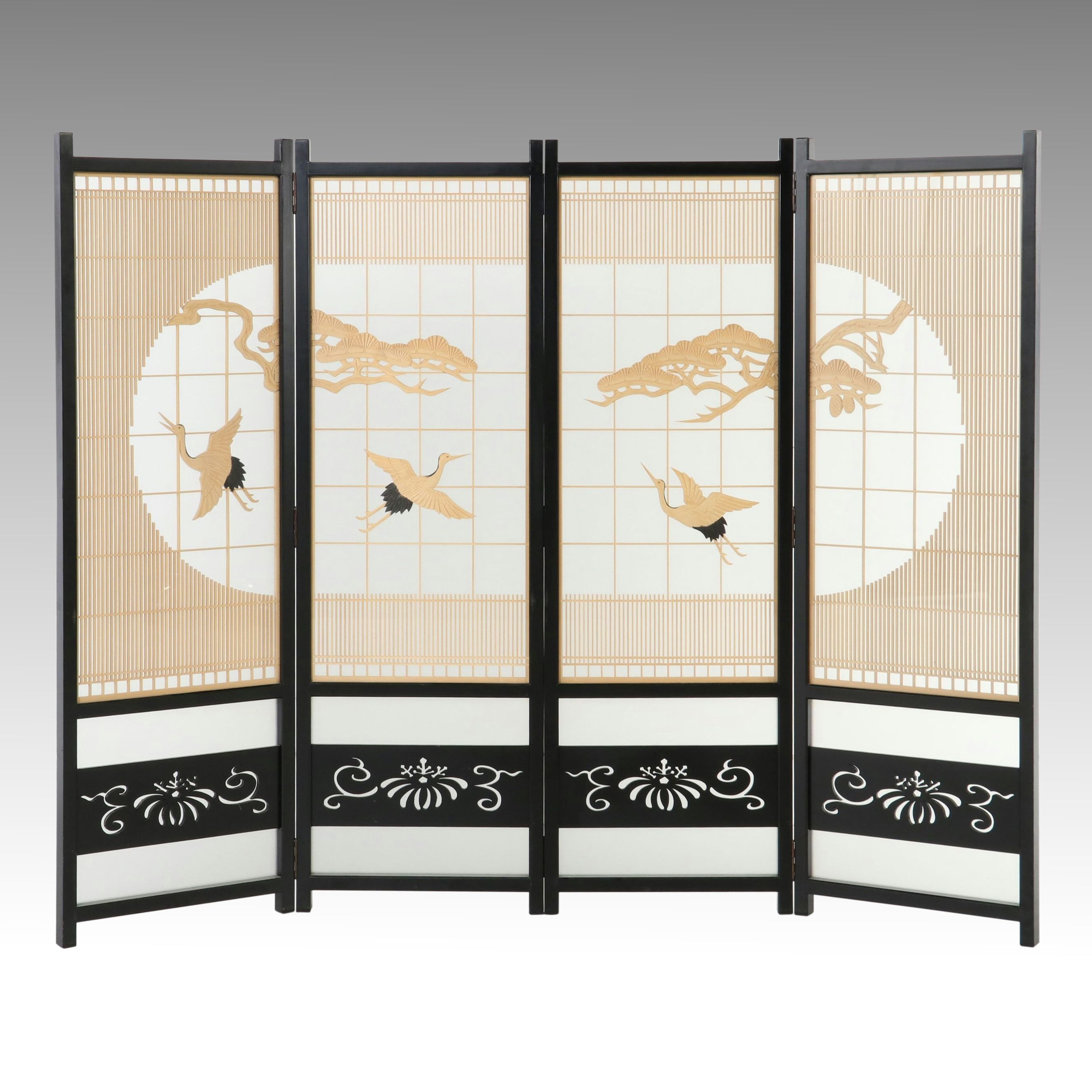 Japanese Four-Panel Shoji Room Divider with Crane and Pine Relief