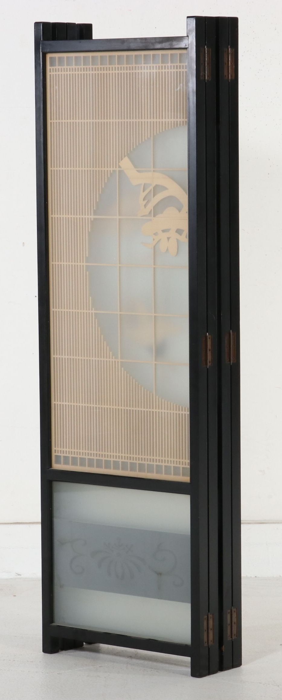 Japanese Four-Panel Shoji Room Divider with Crane and Pine Relief