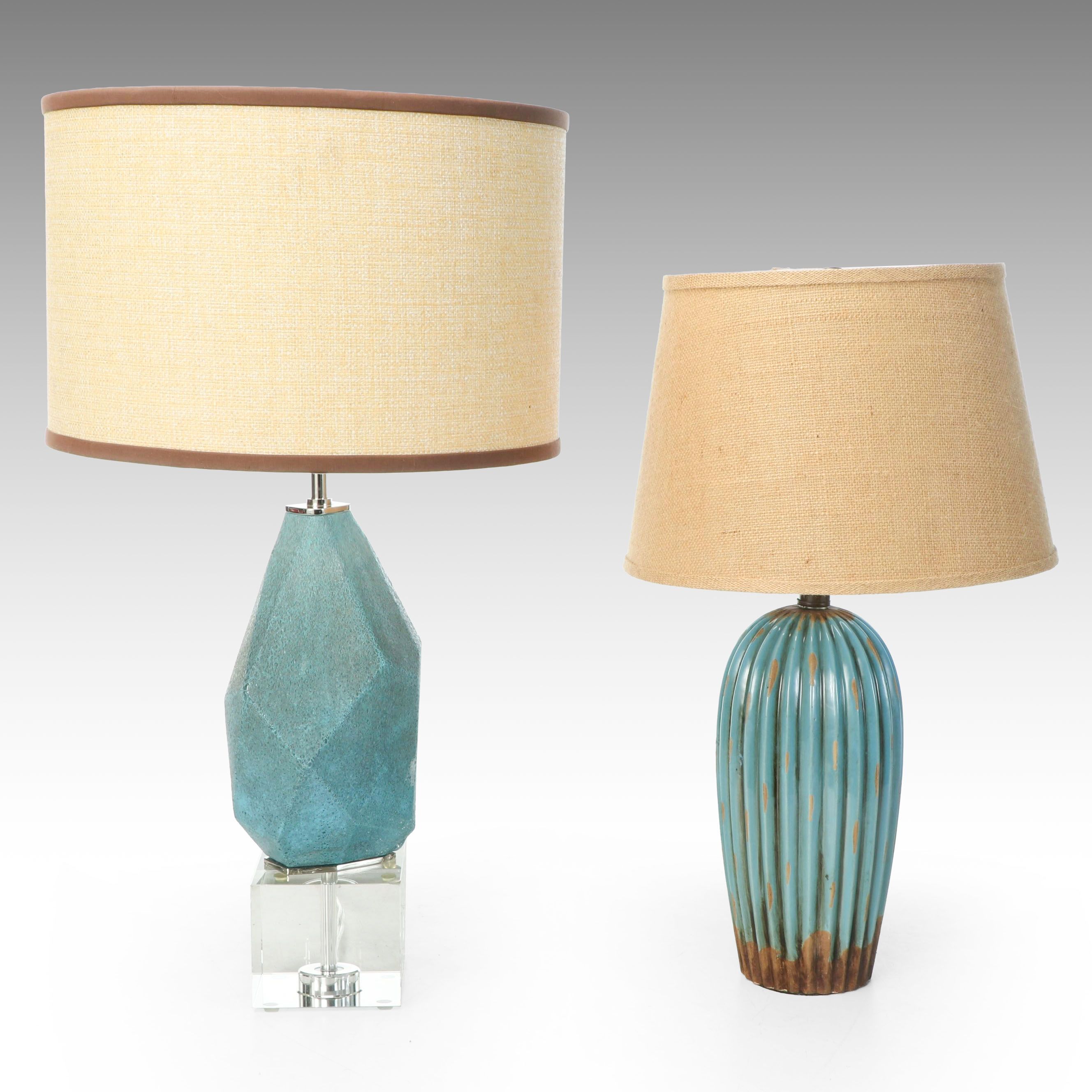 Blue Stone and Ribbed Blue Ceramic Vase Table Lamps