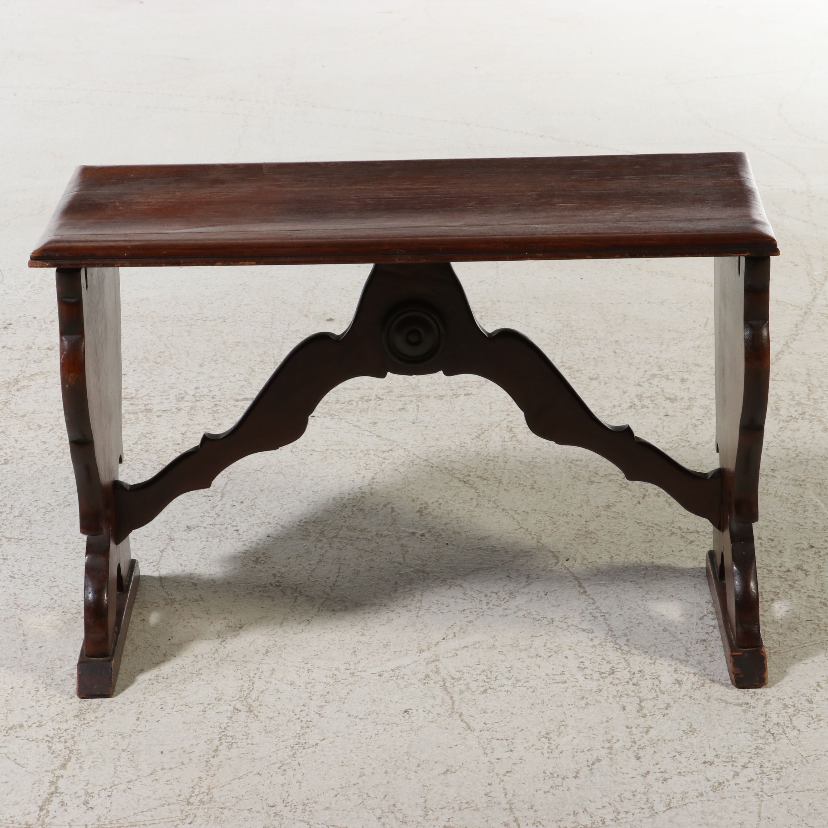 Spanish Colonial Revival Carved Walnut Lyre-Base Bench, Early to Mid-20th C.