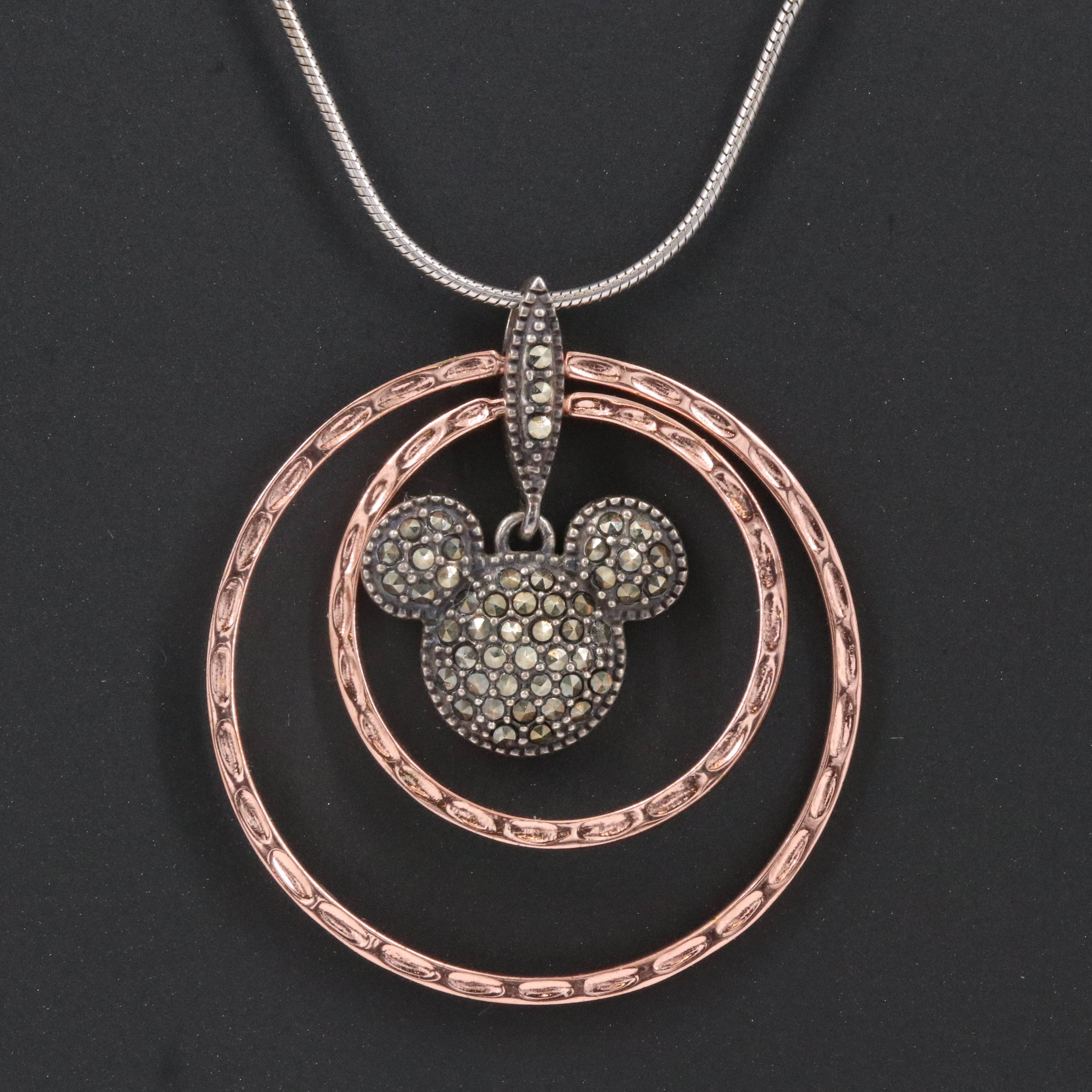 Sterling Marcasite Mickey Mouse Head Pendant Necklace