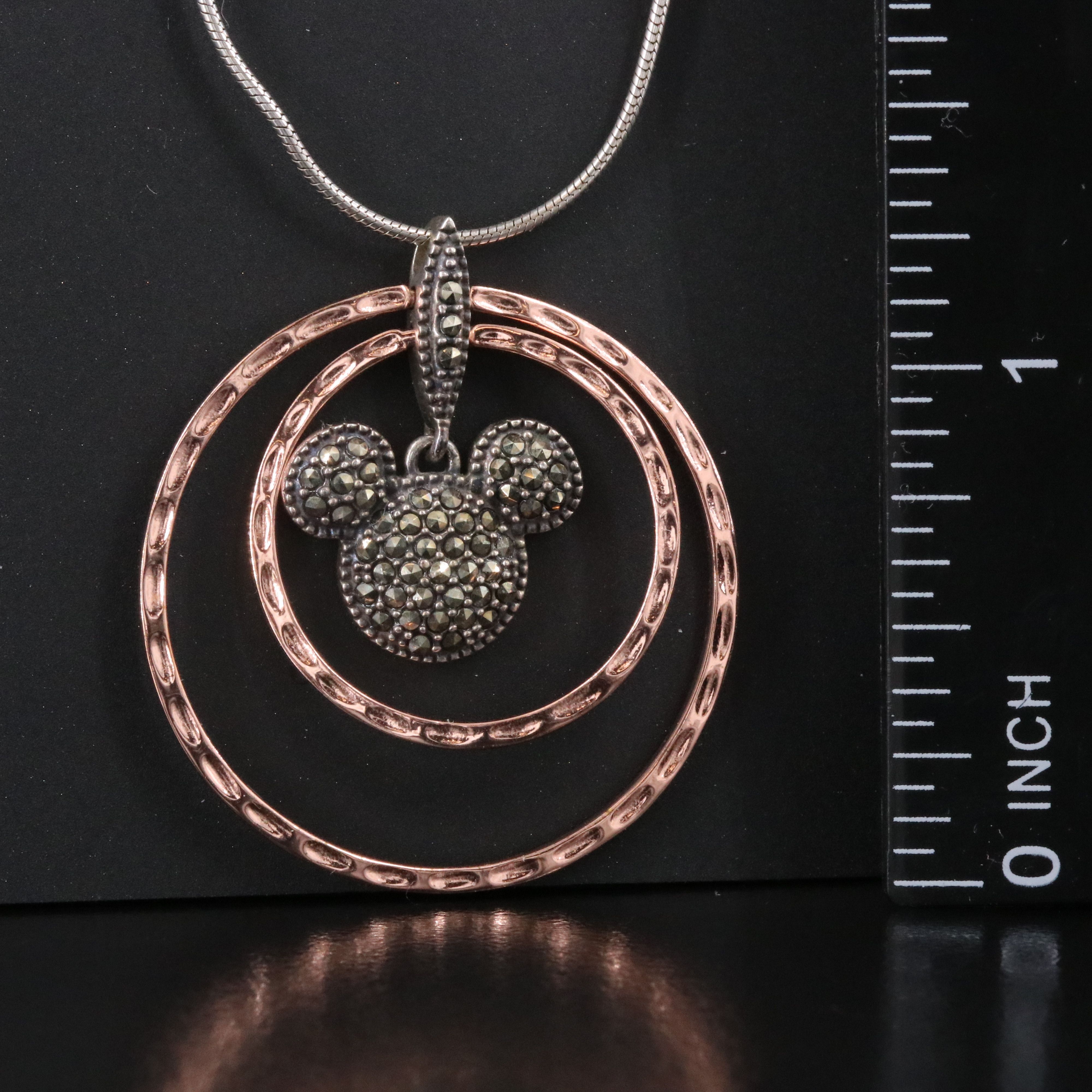 Sterling Marcasite Mickey Mouse Head Pendant Necklace