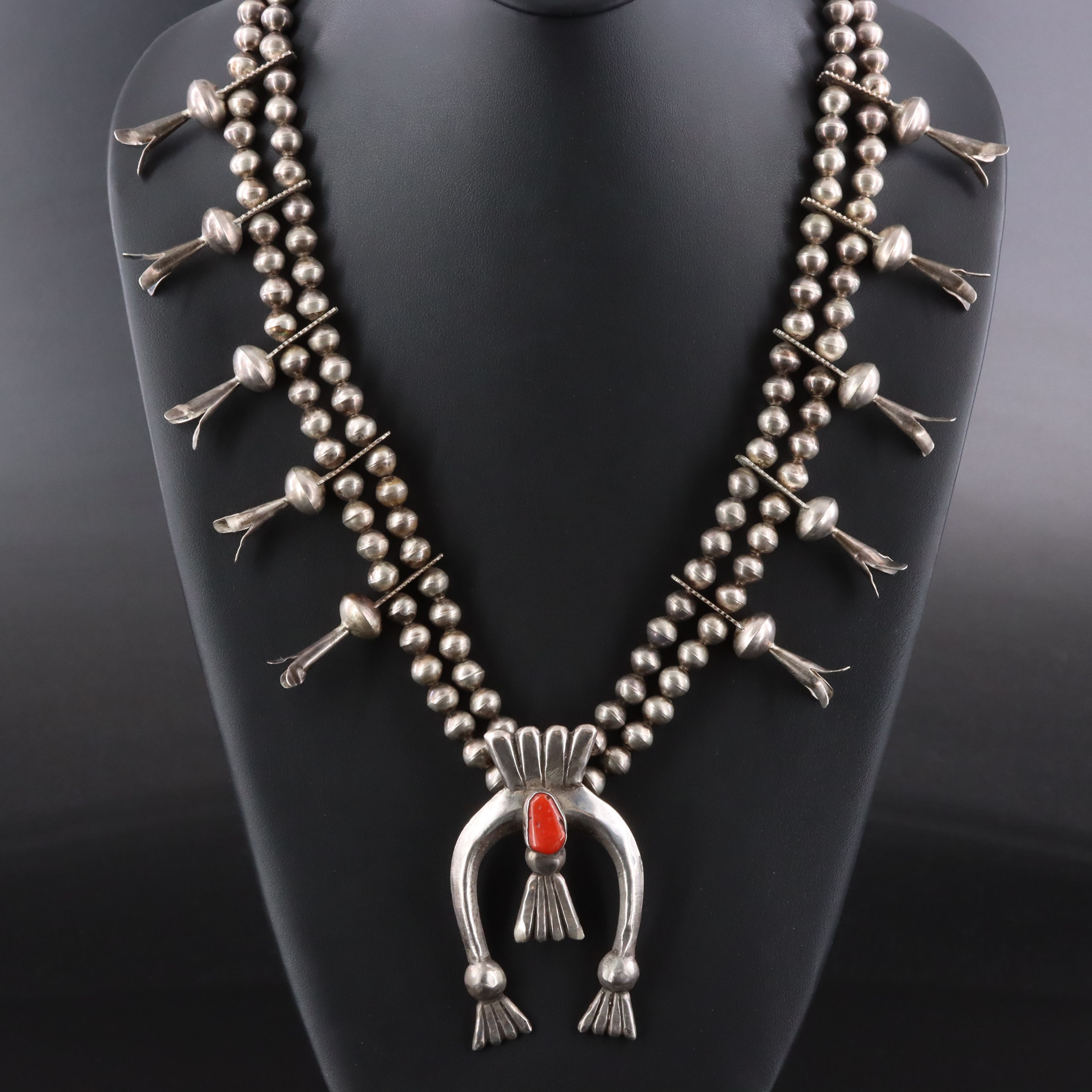 Southwestern Sterling Coral Squash Blossom Necklace