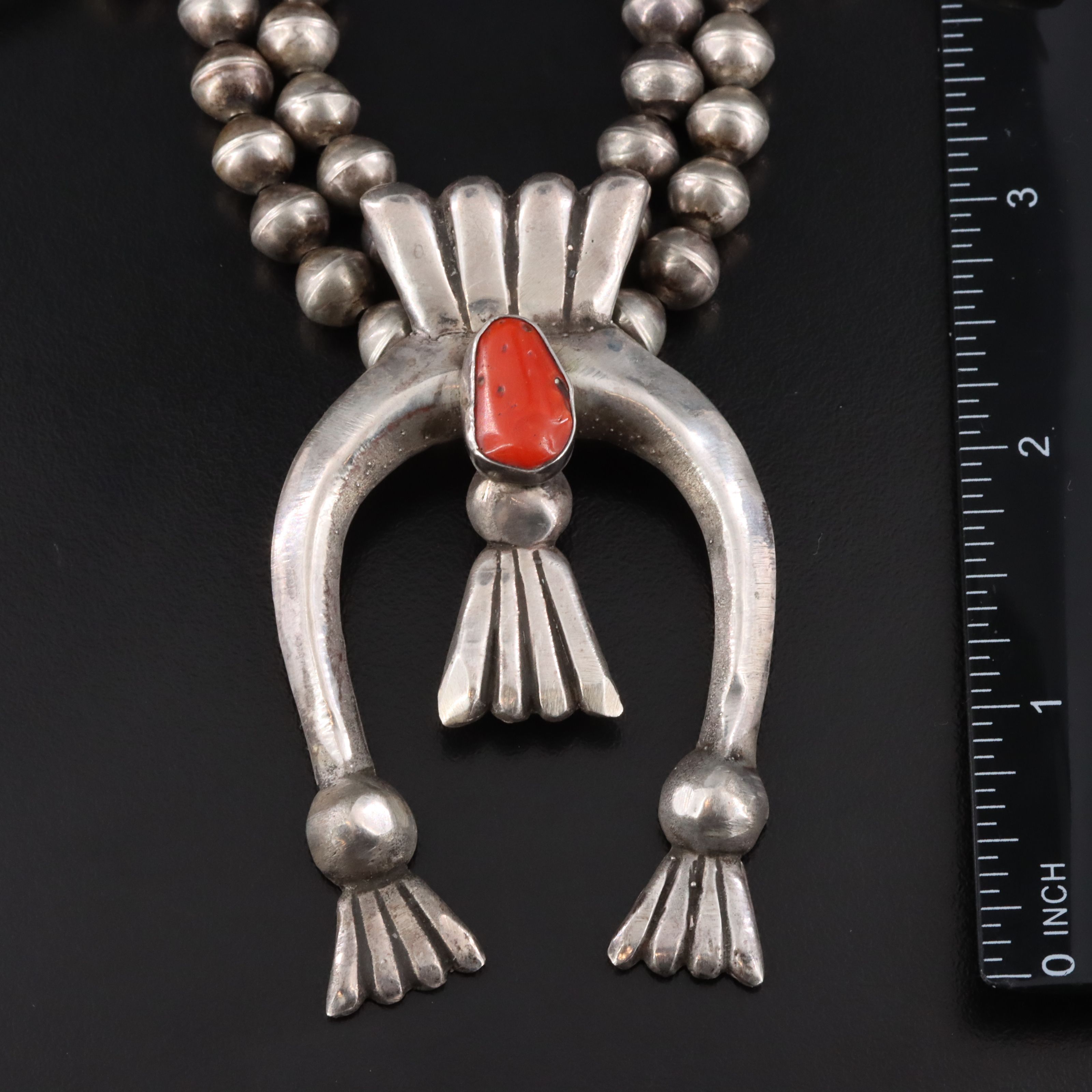 Southwestern Sterling Coral Squash Blossom Necklace