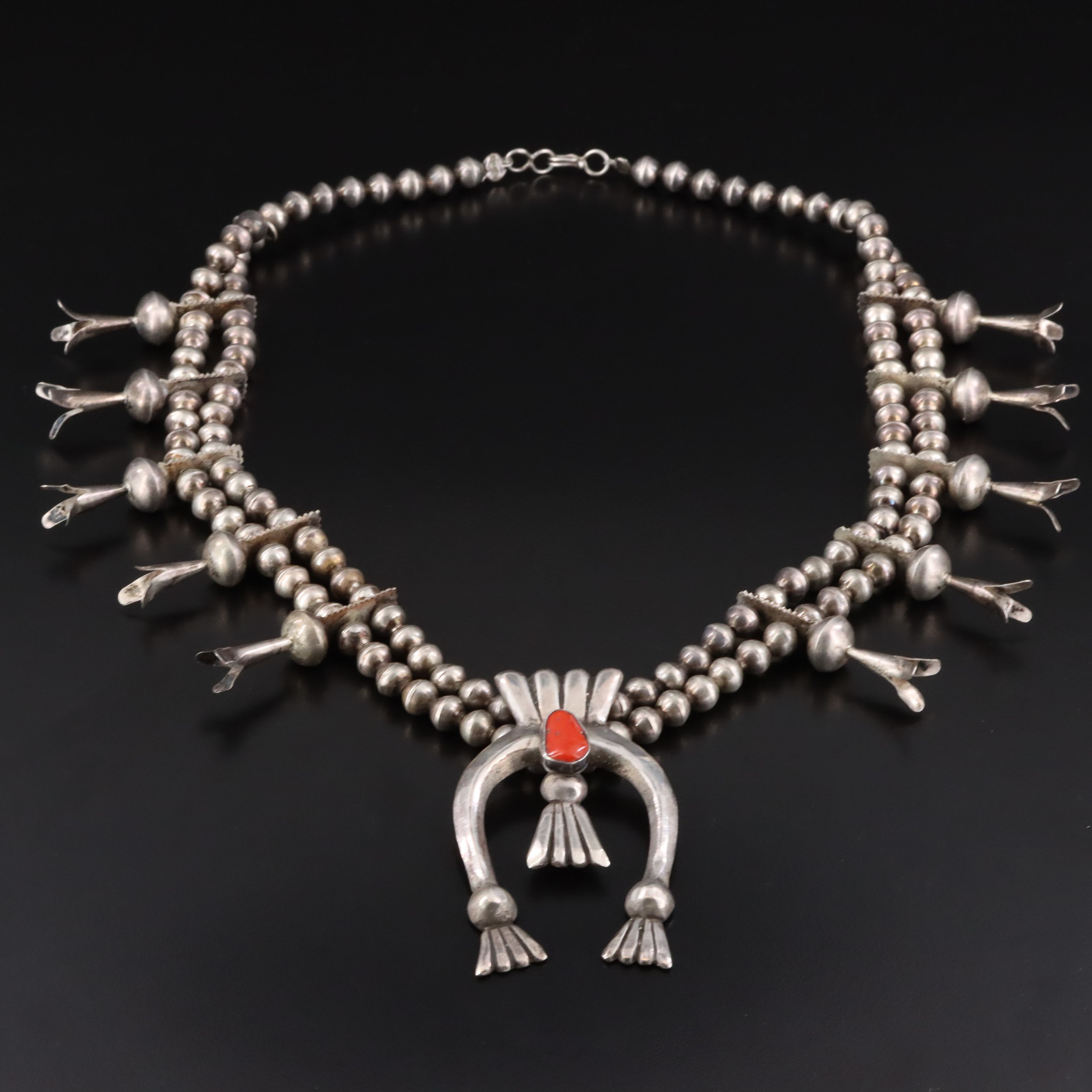 Southwestern Sterling Coral Squash Blossom Necklace
