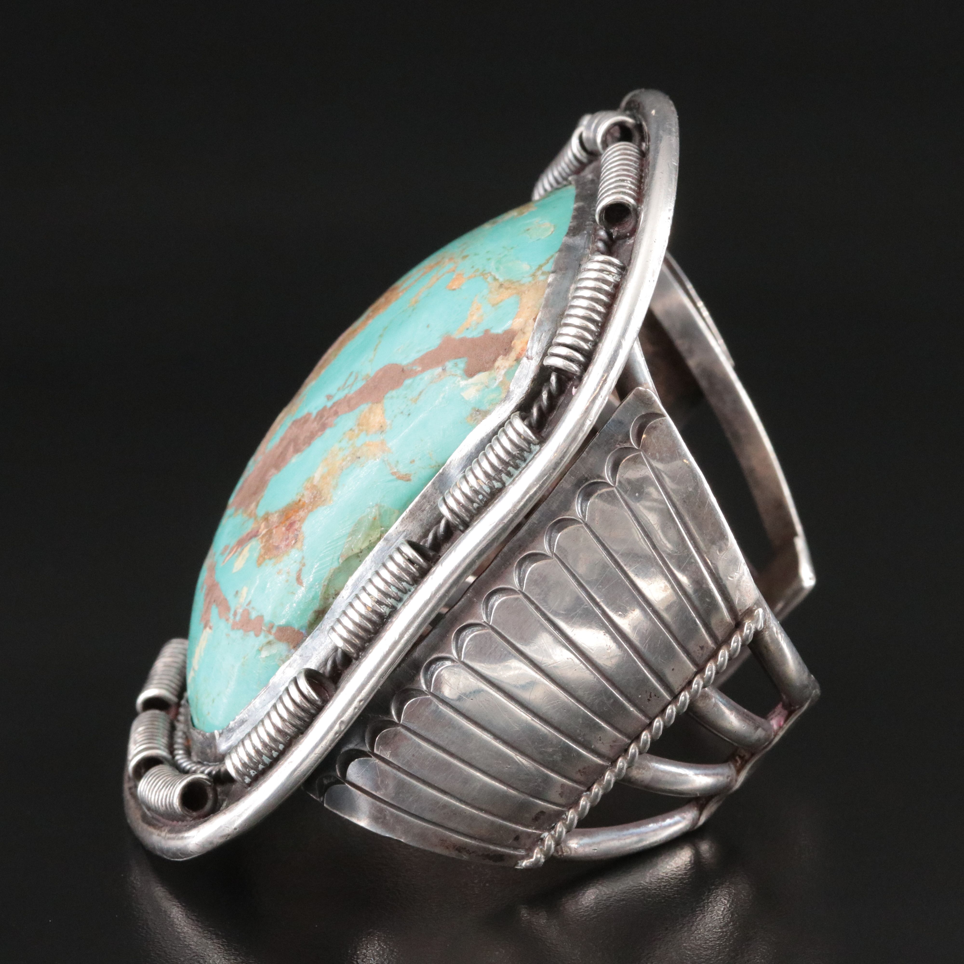 Signed Southwestern Sterling Turquoise Cuff Bracelet