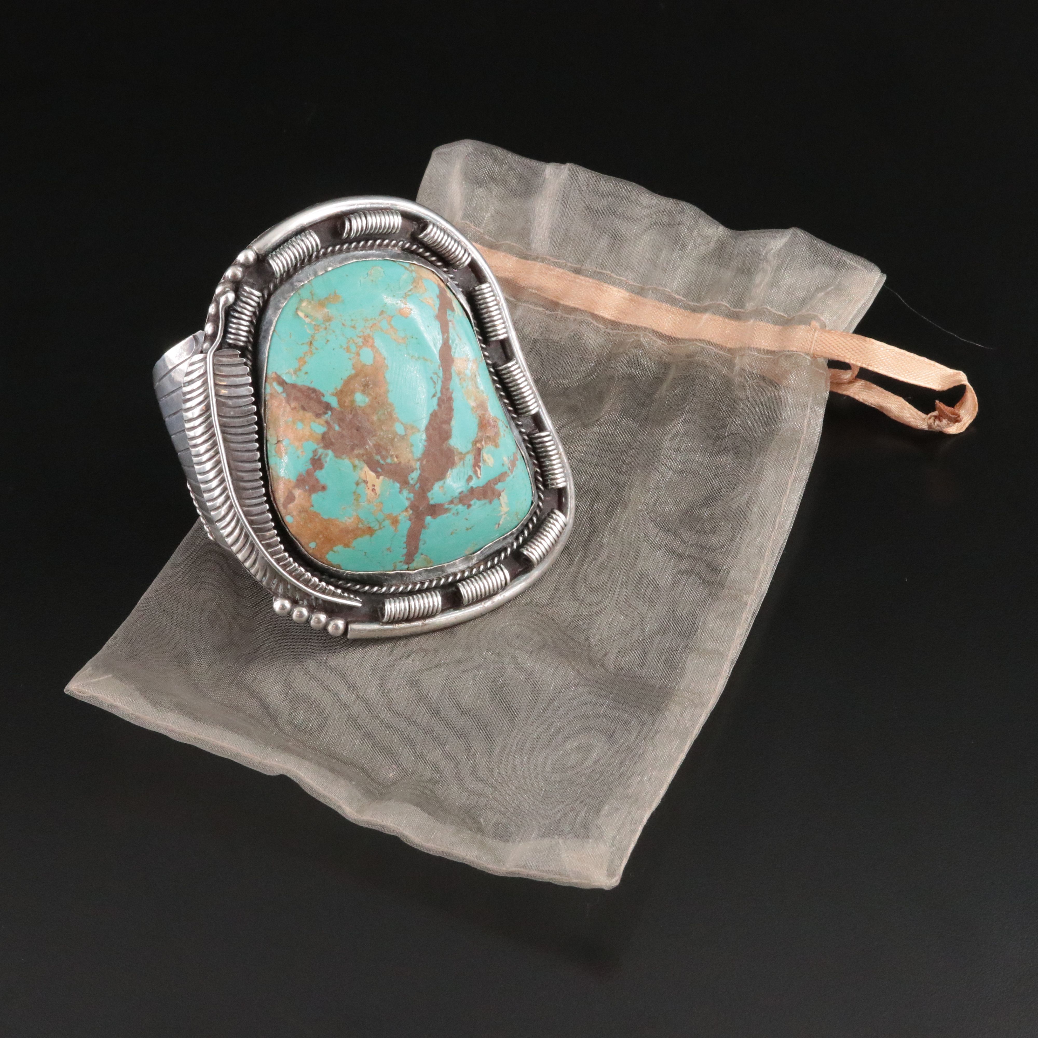 Signed Southwestern Sterling Turquoise Cuff Bracelet