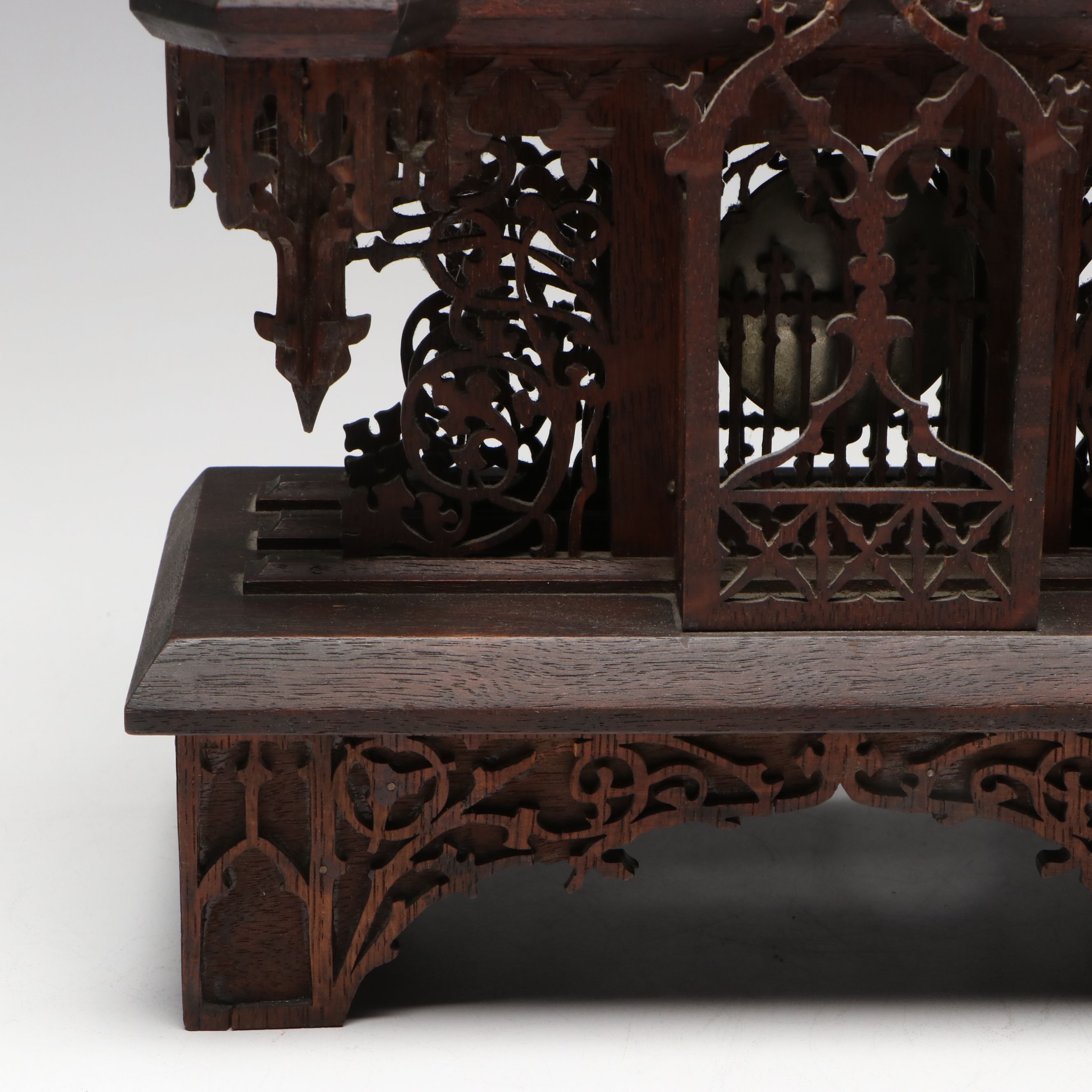 Victorian Gothic Revival Wooden Fretwork Cathedral Mantel Clock, 1884