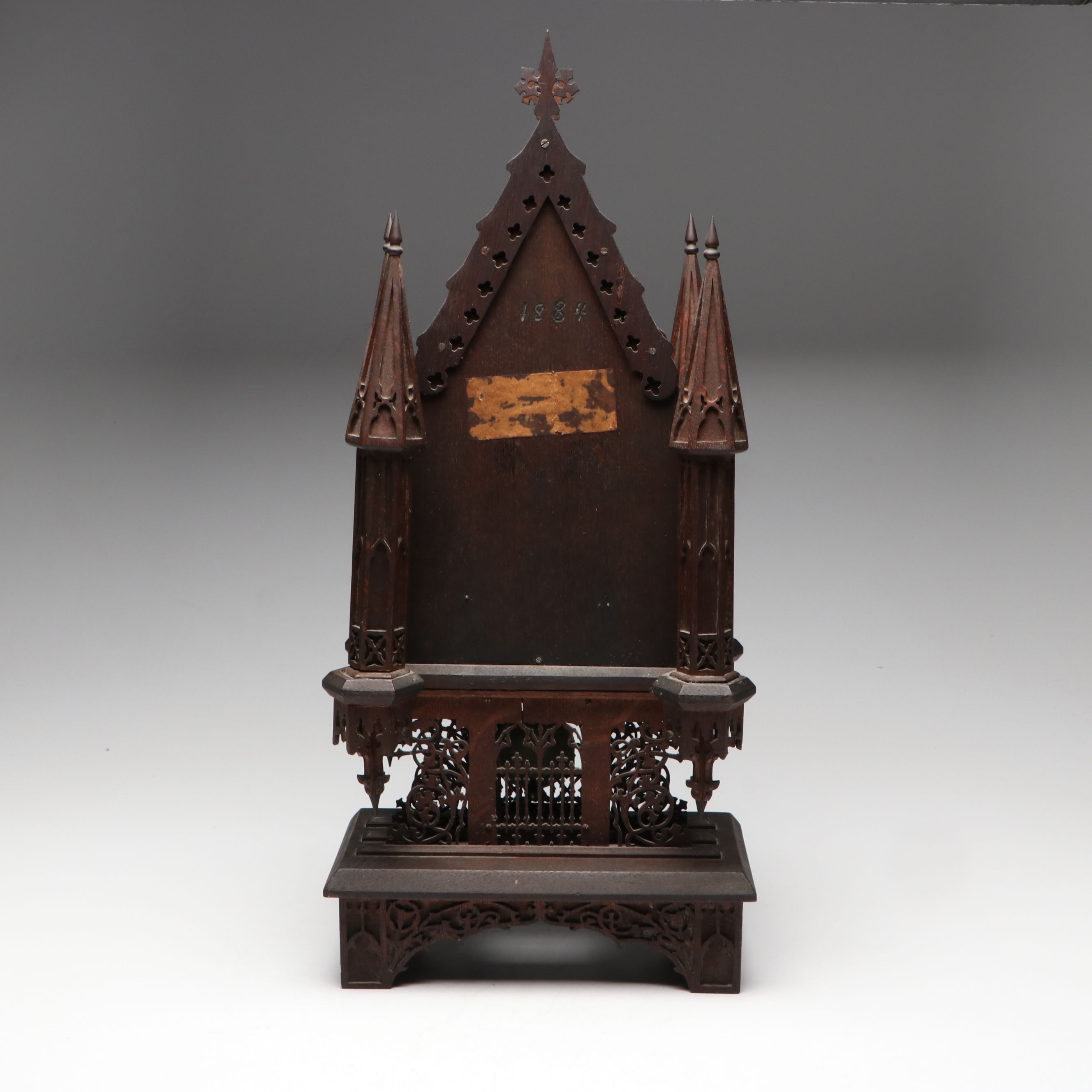 Victorian Gothic Revival Wooden Fretwork Cathedral Mantel Clock, 1884