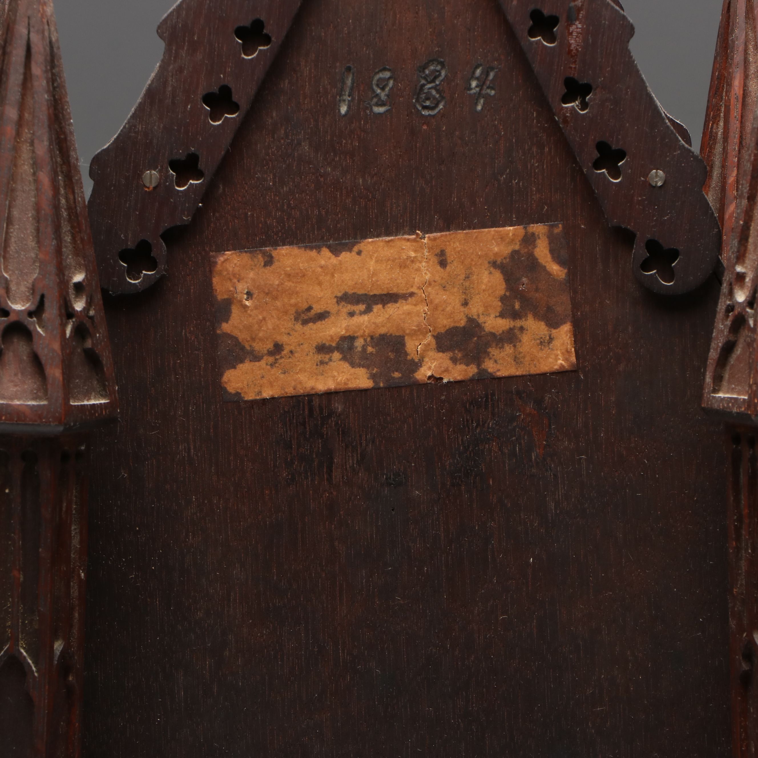 Victorian Gothic Revival Wooden Fretwork Cathedral Mantel Clock, 1884