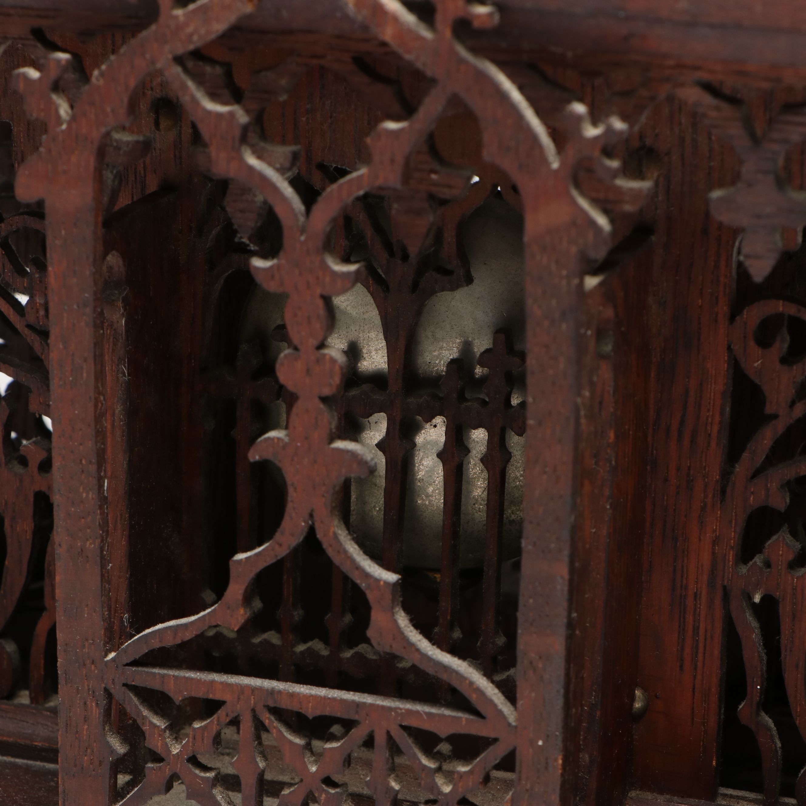 Victorian Gothic Revival Wooden Fretwork Cathedral Mantel Clock, 1884