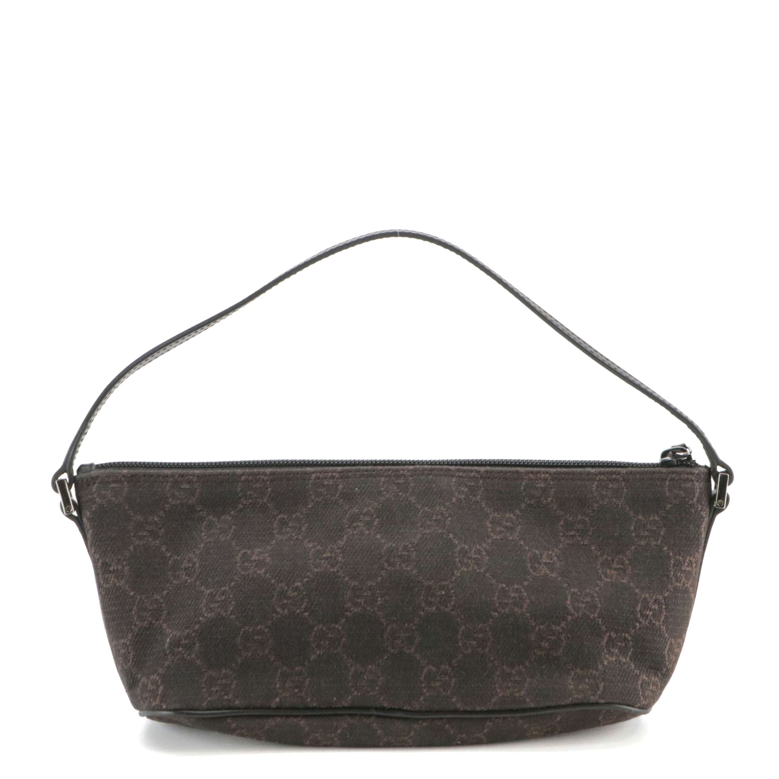 Gucci Boat Pochette Bag in Black/Dark Brown GG Canvas and Black Leather