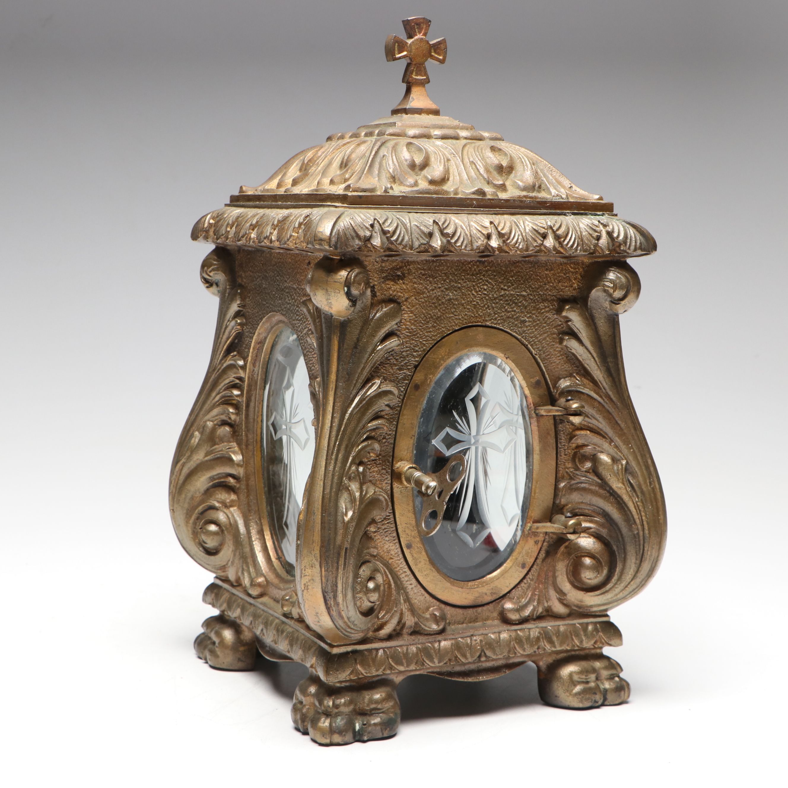 French Style Cast Metal Footed Candle Holder with Etched Crosses