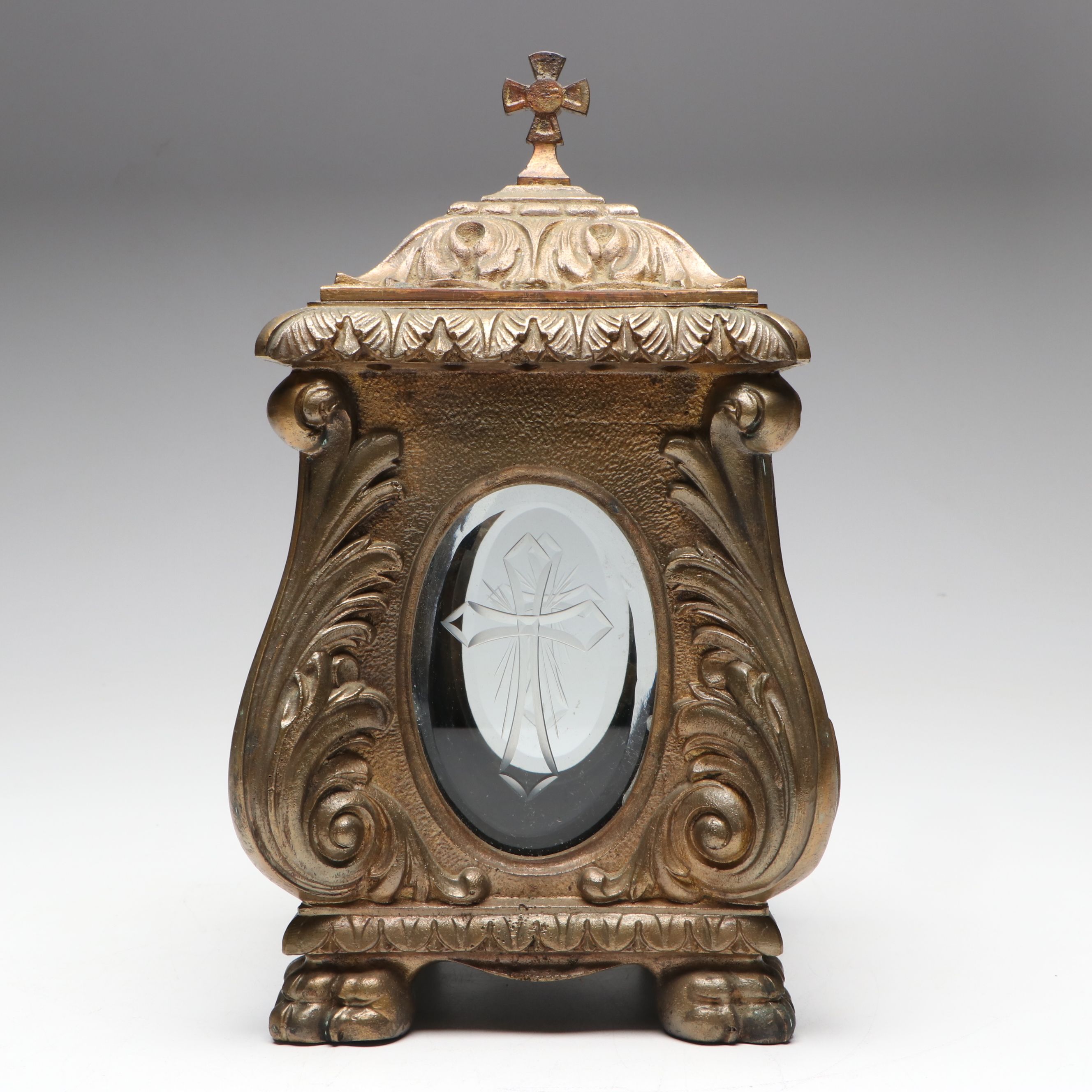 French Style Cast Metal Footed Candle Holder with Etched Crosses