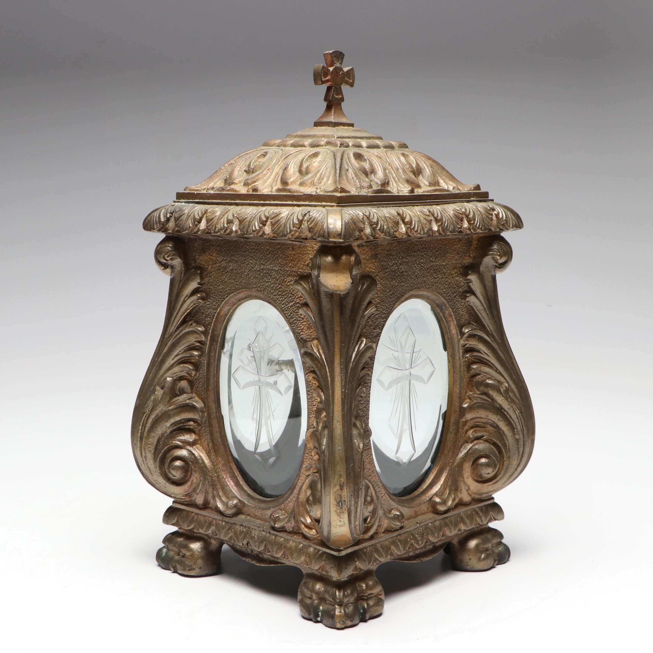 French Style Cast Metal Footed Candle Holder with Etched Crosses