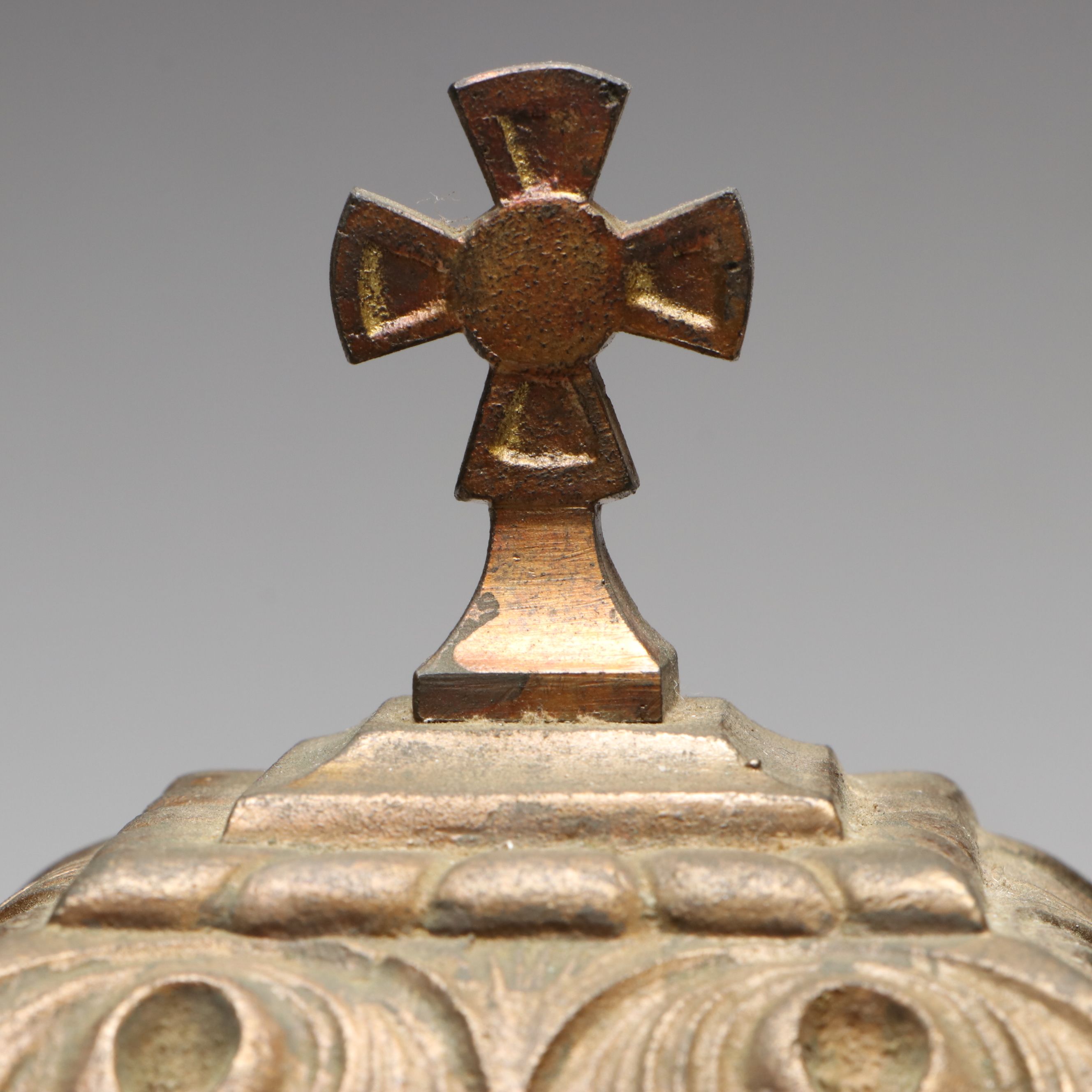 French Style Cast Metal Footed Candle Holder with Etched Crosses