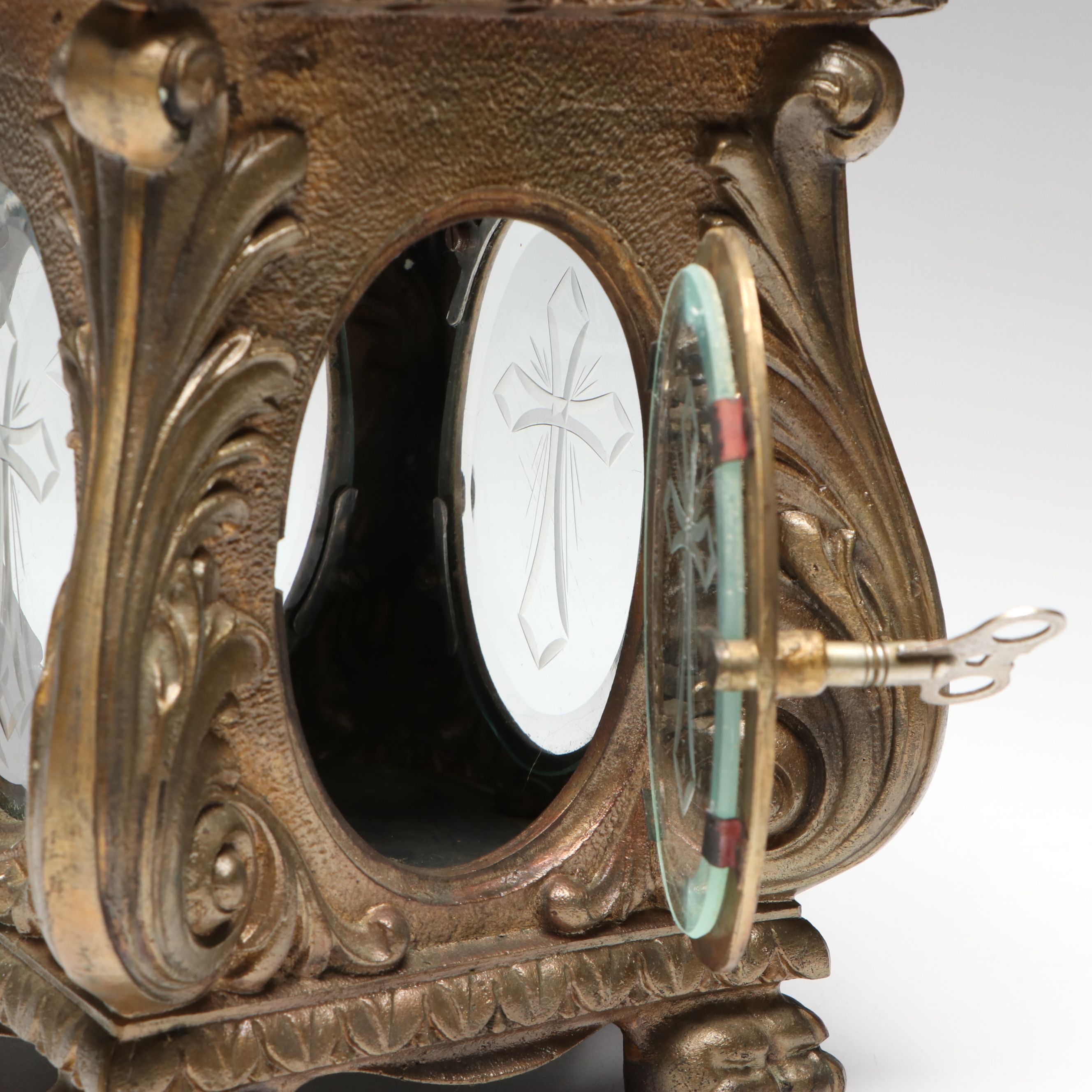 French Style Cast Metal Footed Candle Holder with Etched Crosses