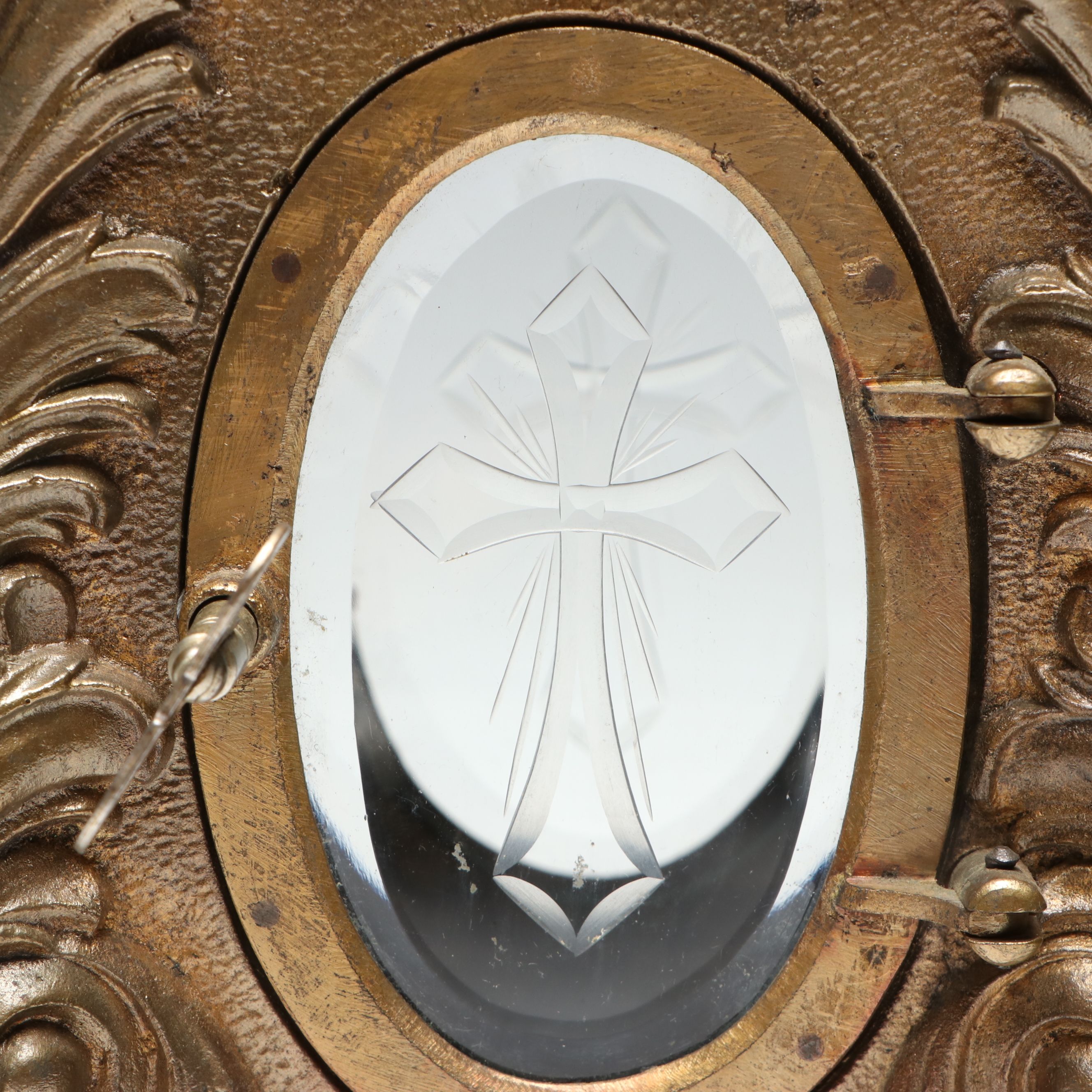 French Style Cast Metal Footed Candle Holder with Etched Crosses