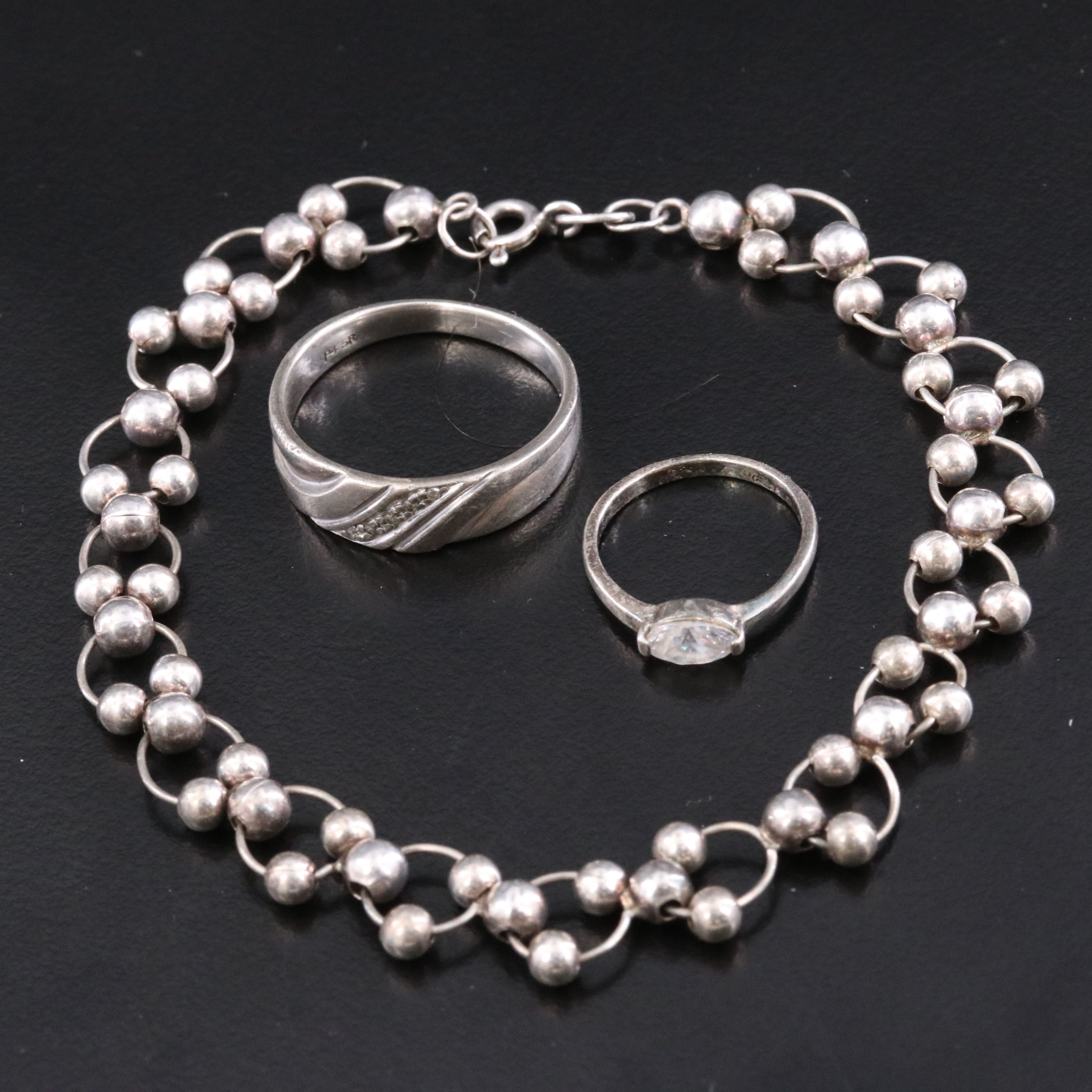 Sterling Diamond and CZ Rings and Bead Link Bracelet