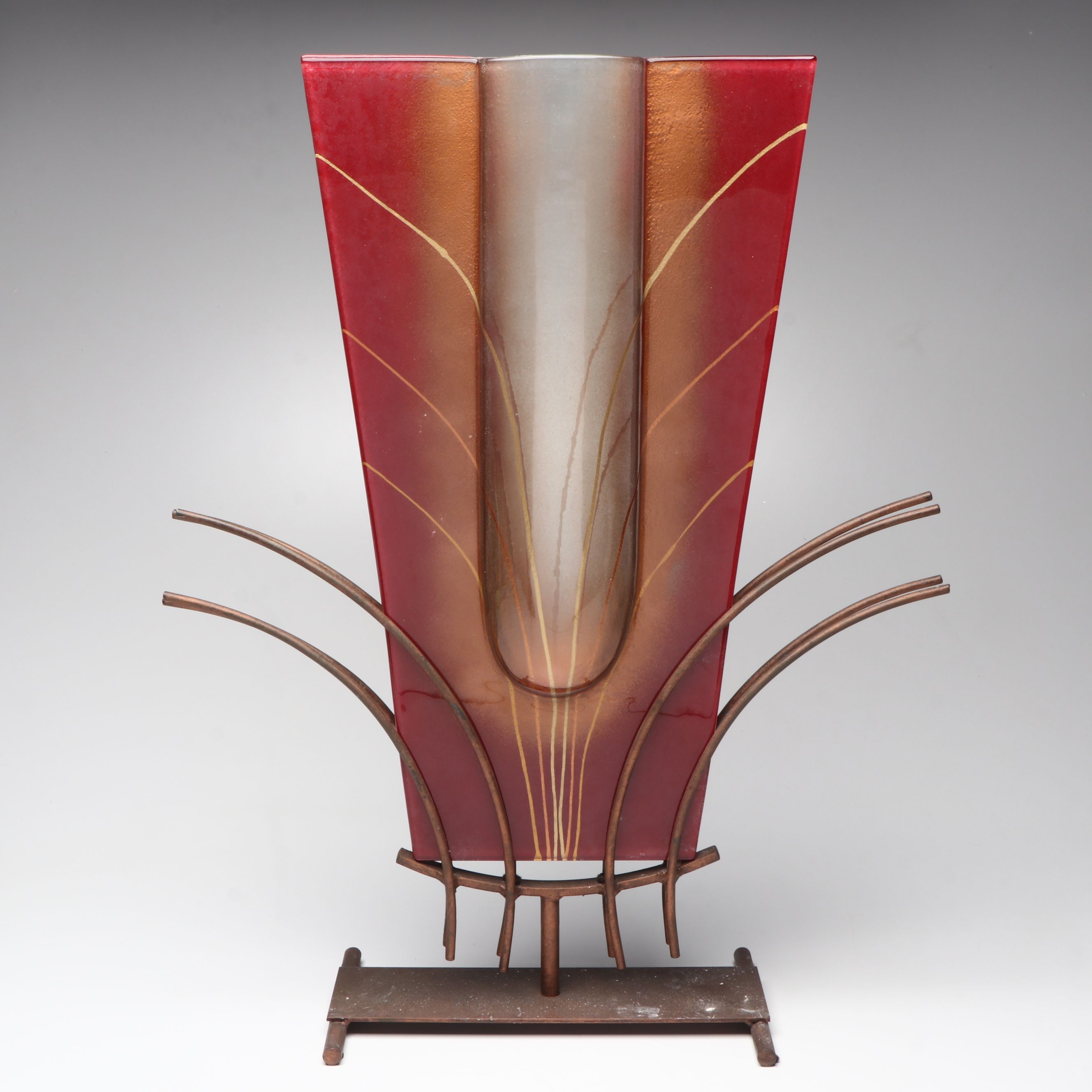 Mark Hines Signed Slumped Glass Vase on Metal Stand, 2007