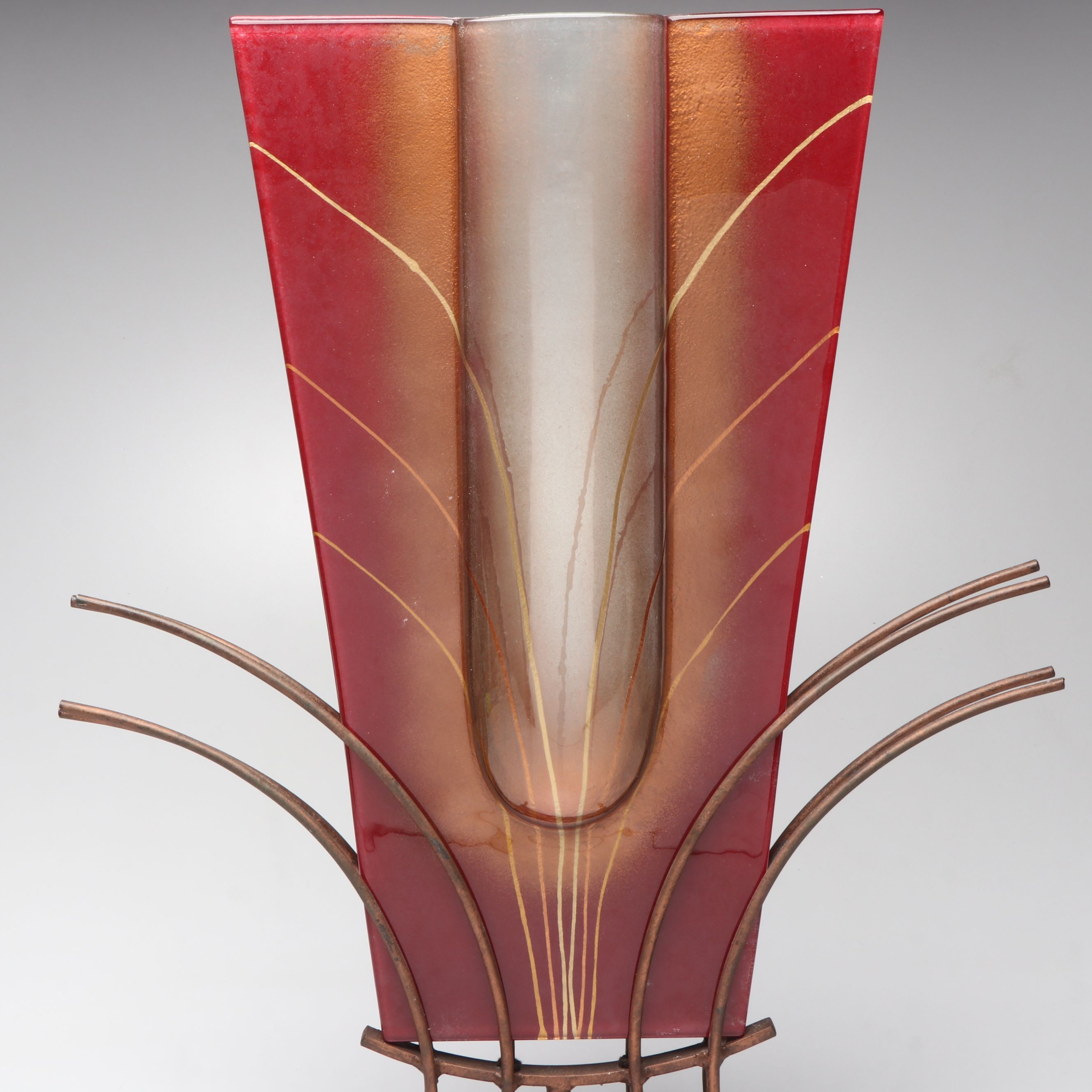 Mark Hines Signed Slumped Glass "Pocket" Vase on Metal Stand, 2007