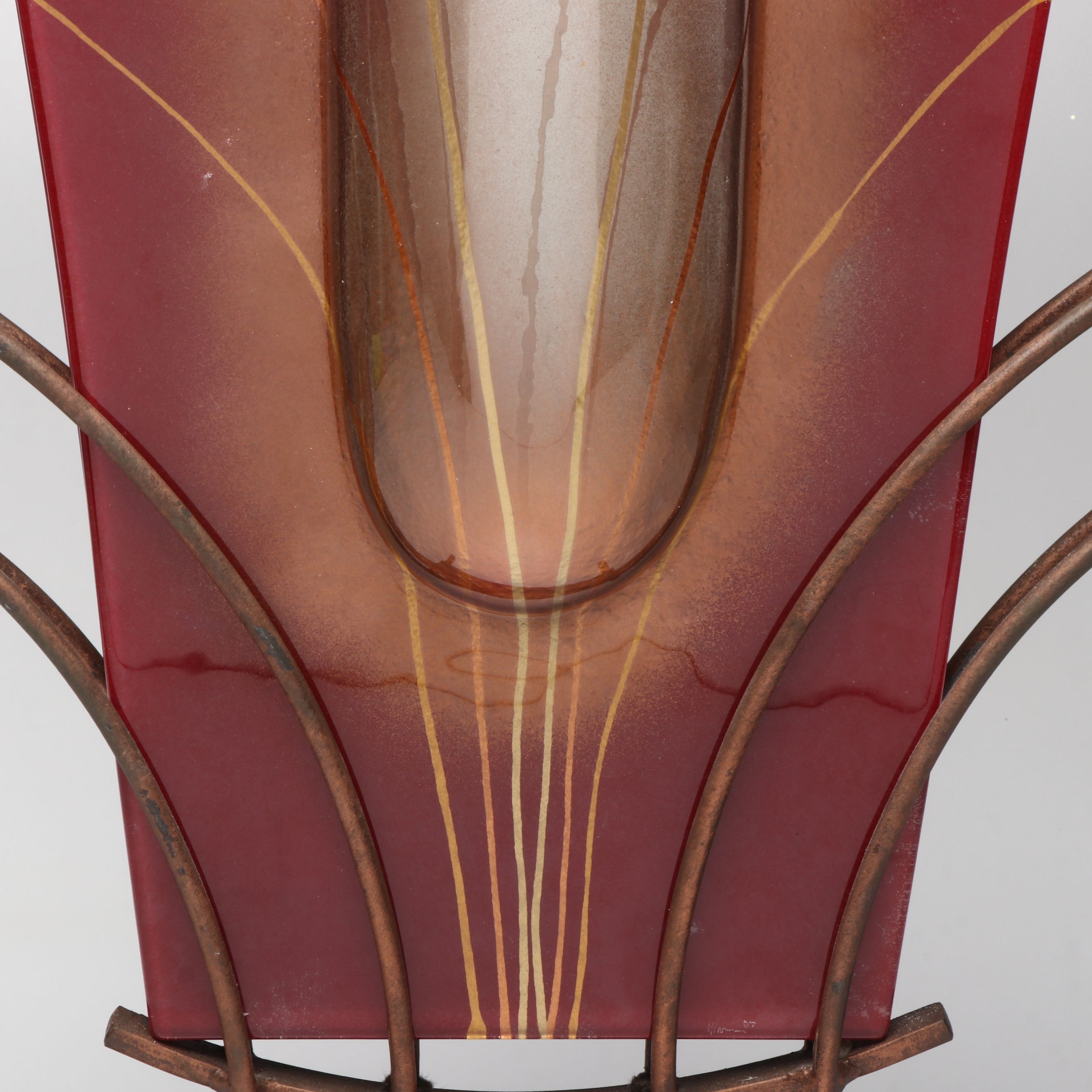 Mark Hines Signed Slumped Glass "Pocket" Vase on Metal Stand, 2007