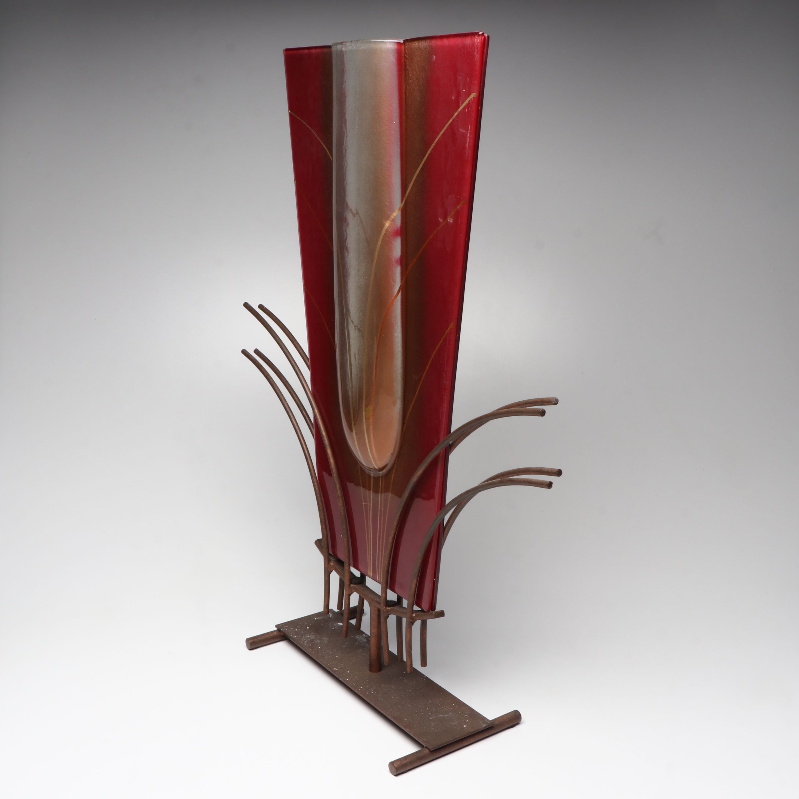 Mark Hines Signed Slumped Glass "Pocket" Vase on Metal Stand, 2007