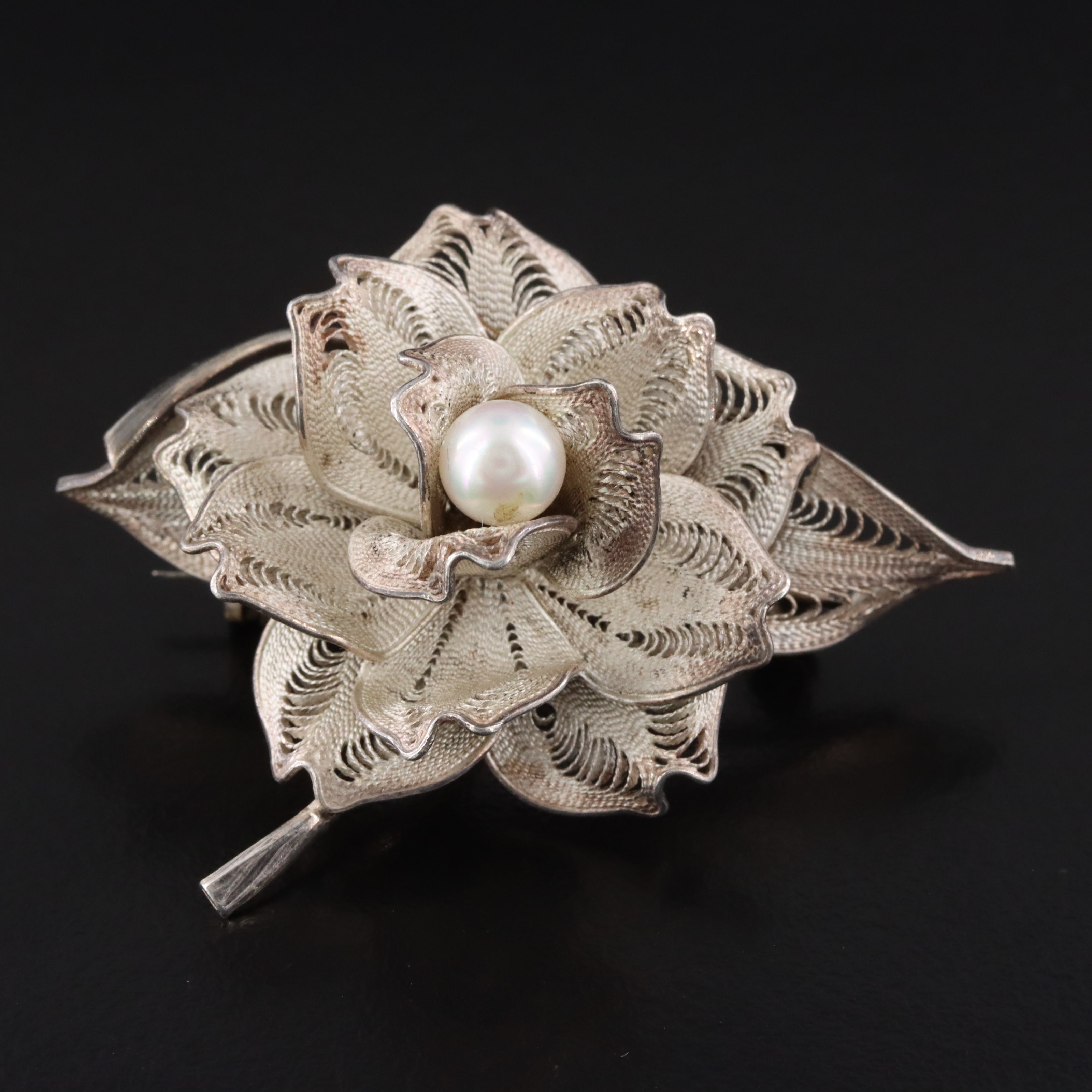 Sterling Pearl Filigree Brooch