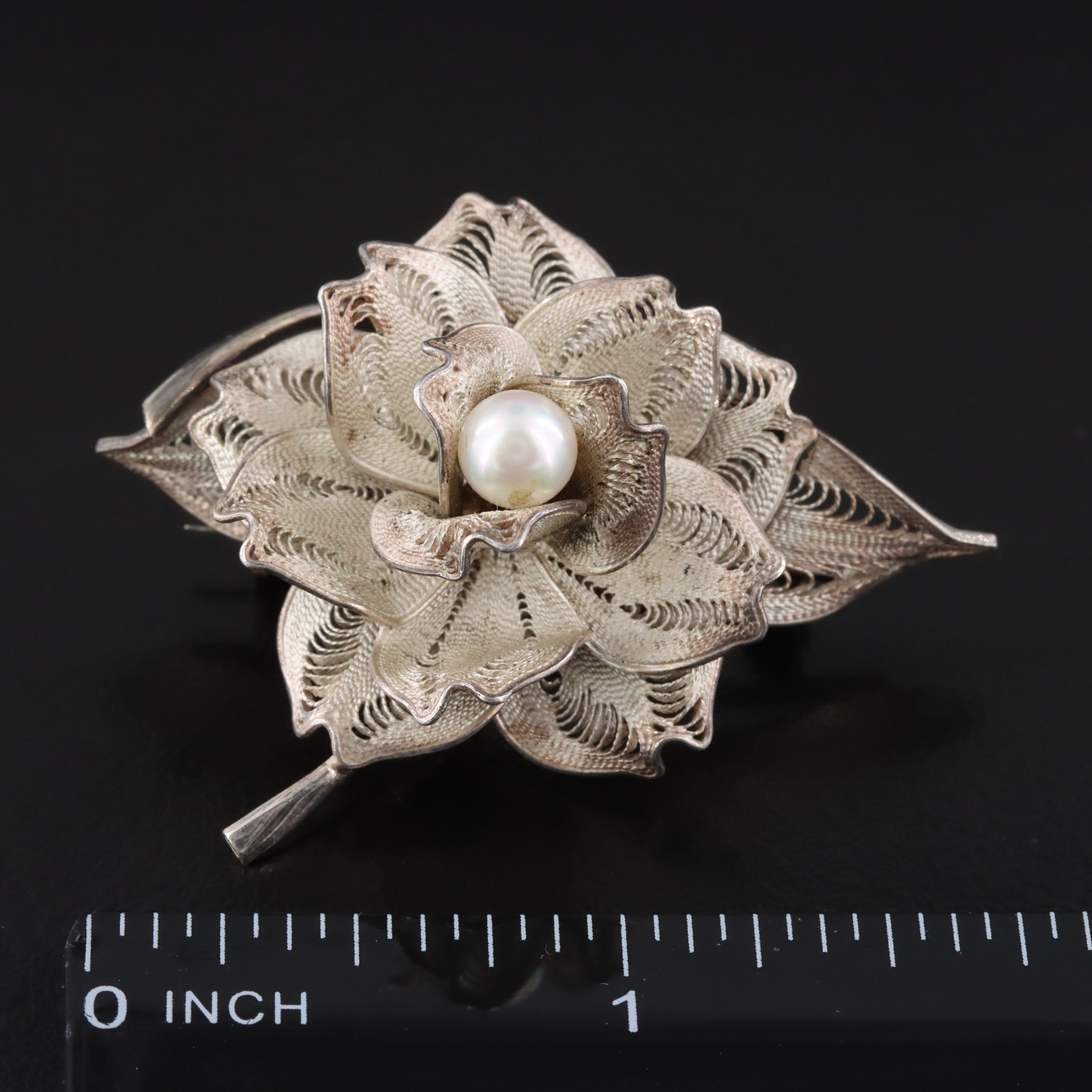 Sterling Pearl Filigree Brooch