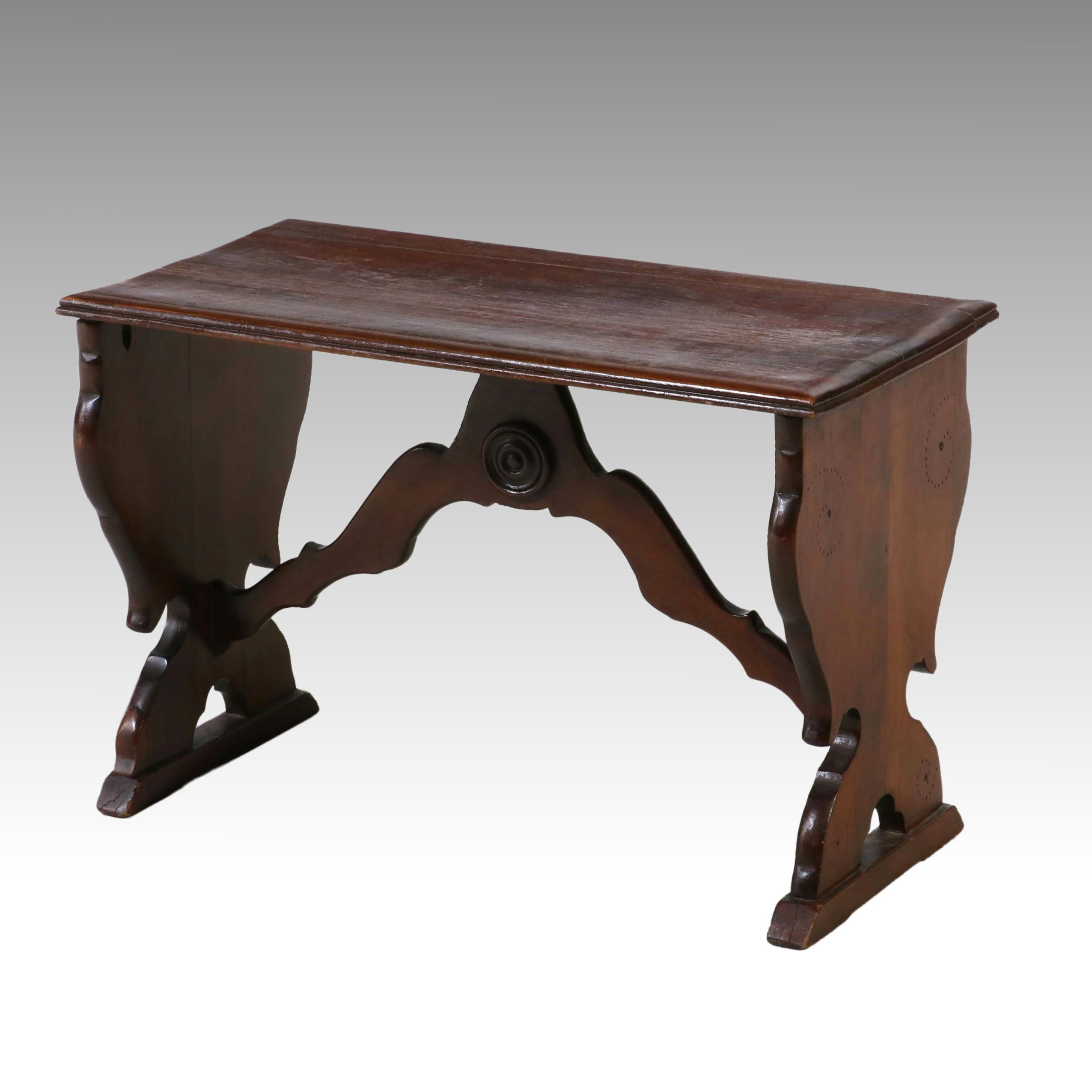 Spanish Colonial Revival Carved Walnut Lyre-Base Bench, Early to Mid-20th C.