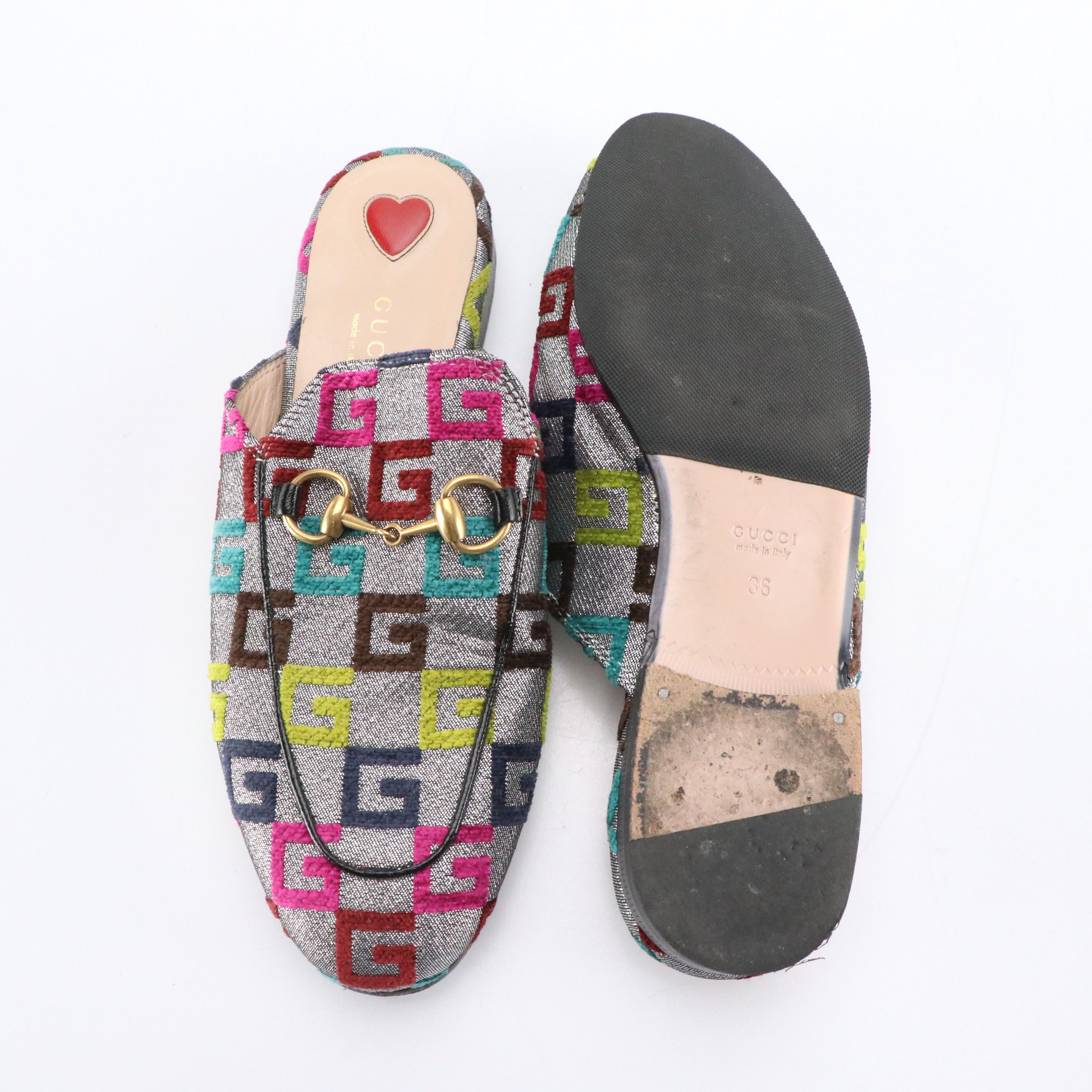 Gucci Princetown Horsebit Mules in Multicolor G Metallic Jacquard