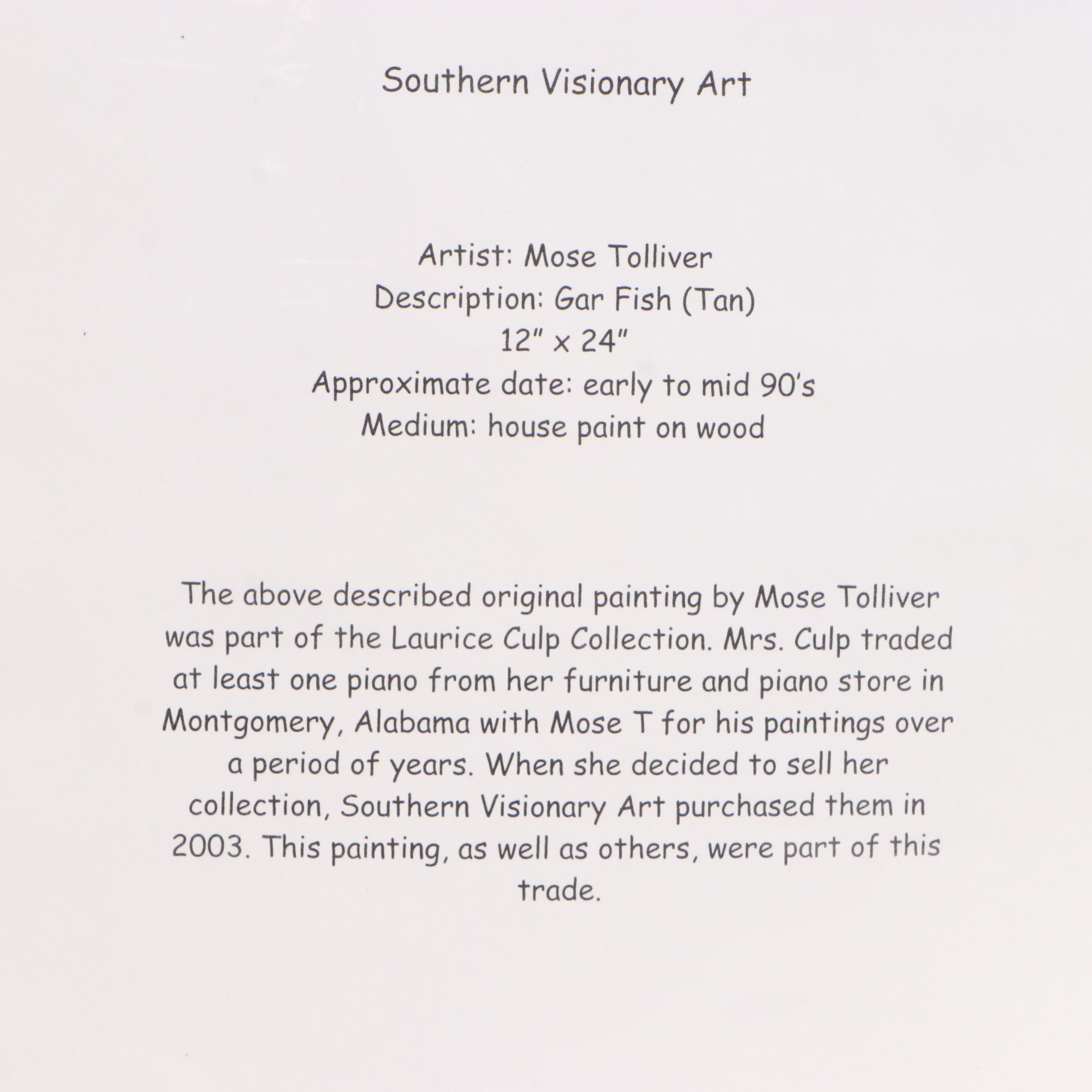 Mose Tolliver Folk Art Painting of Tan Gar Fish, Early to Mid 90's