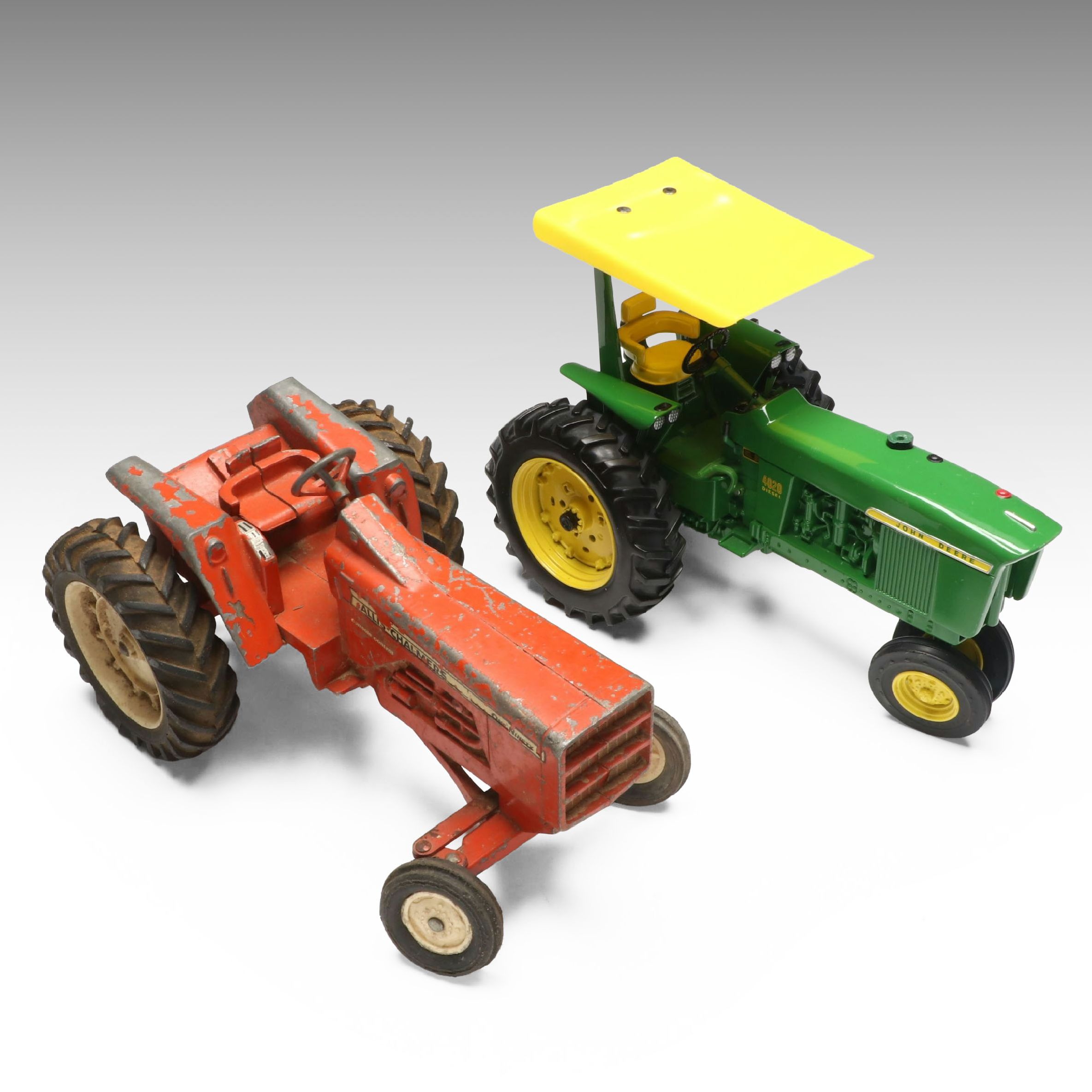 Vintage Allis Chalmers and John Deere Polychrome Metal Tractor Toys
