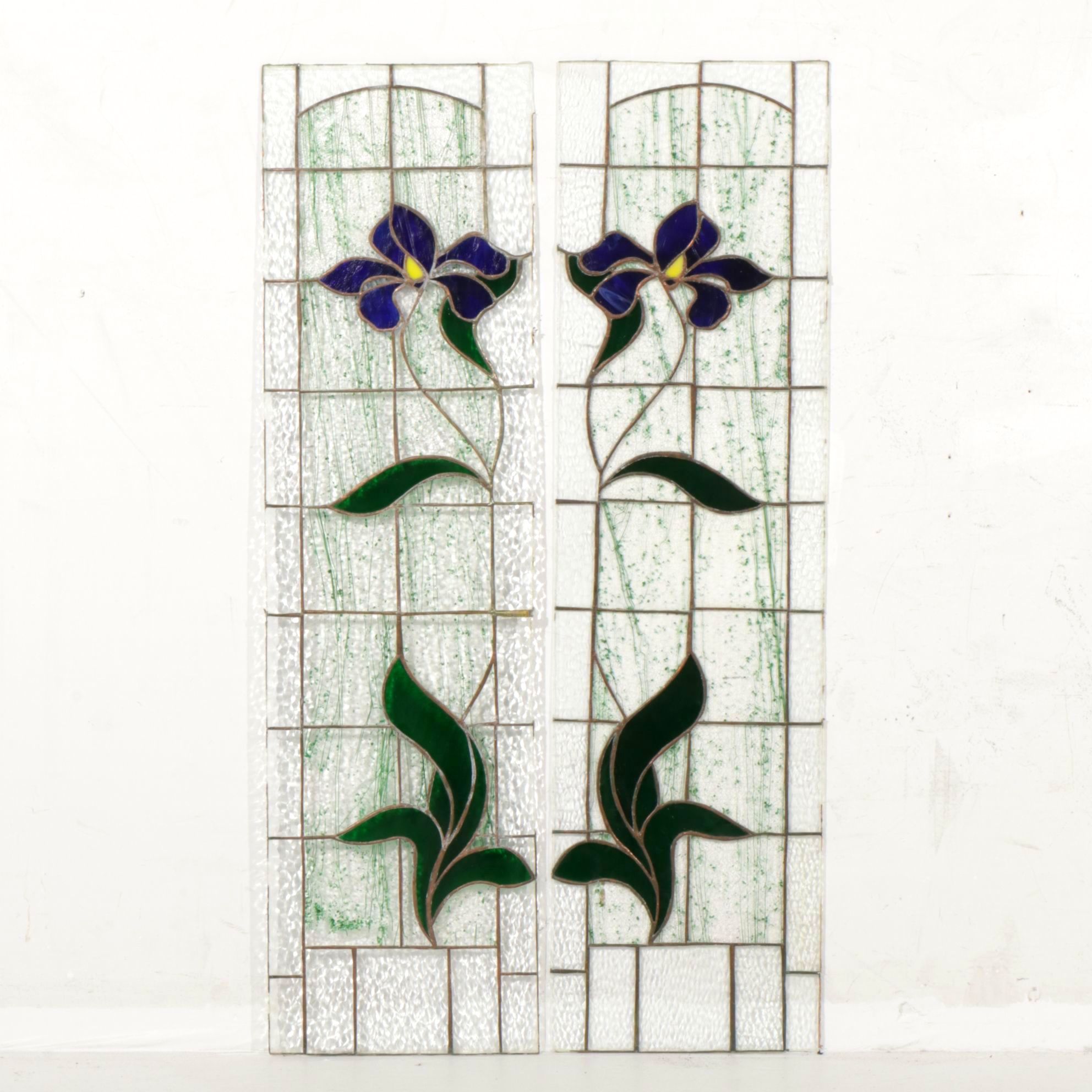 Hand-Crafted Stained Glass Window Panels with Floral Motif