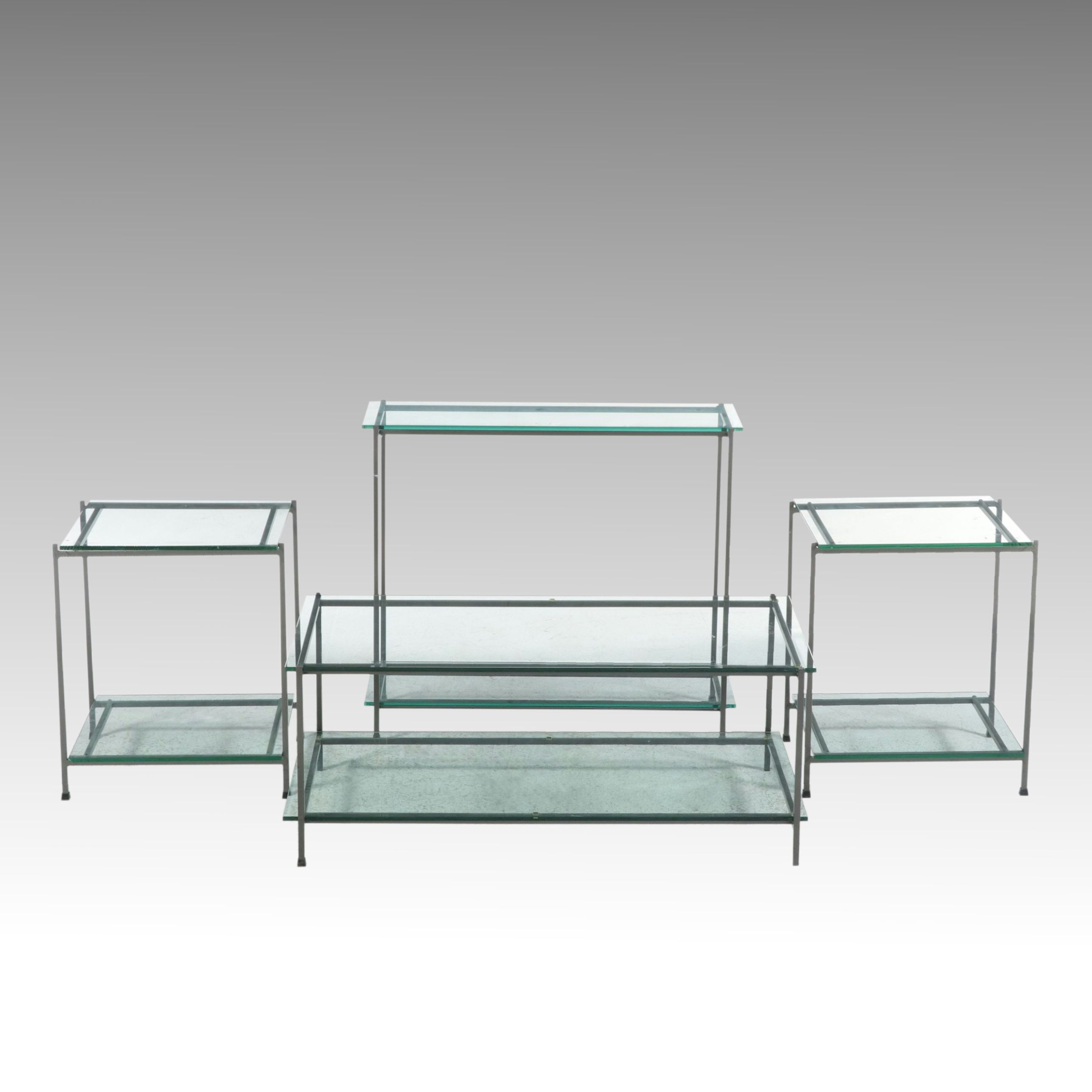 Four-Piece Contemporary Glass and Metal Occasional Table Suite