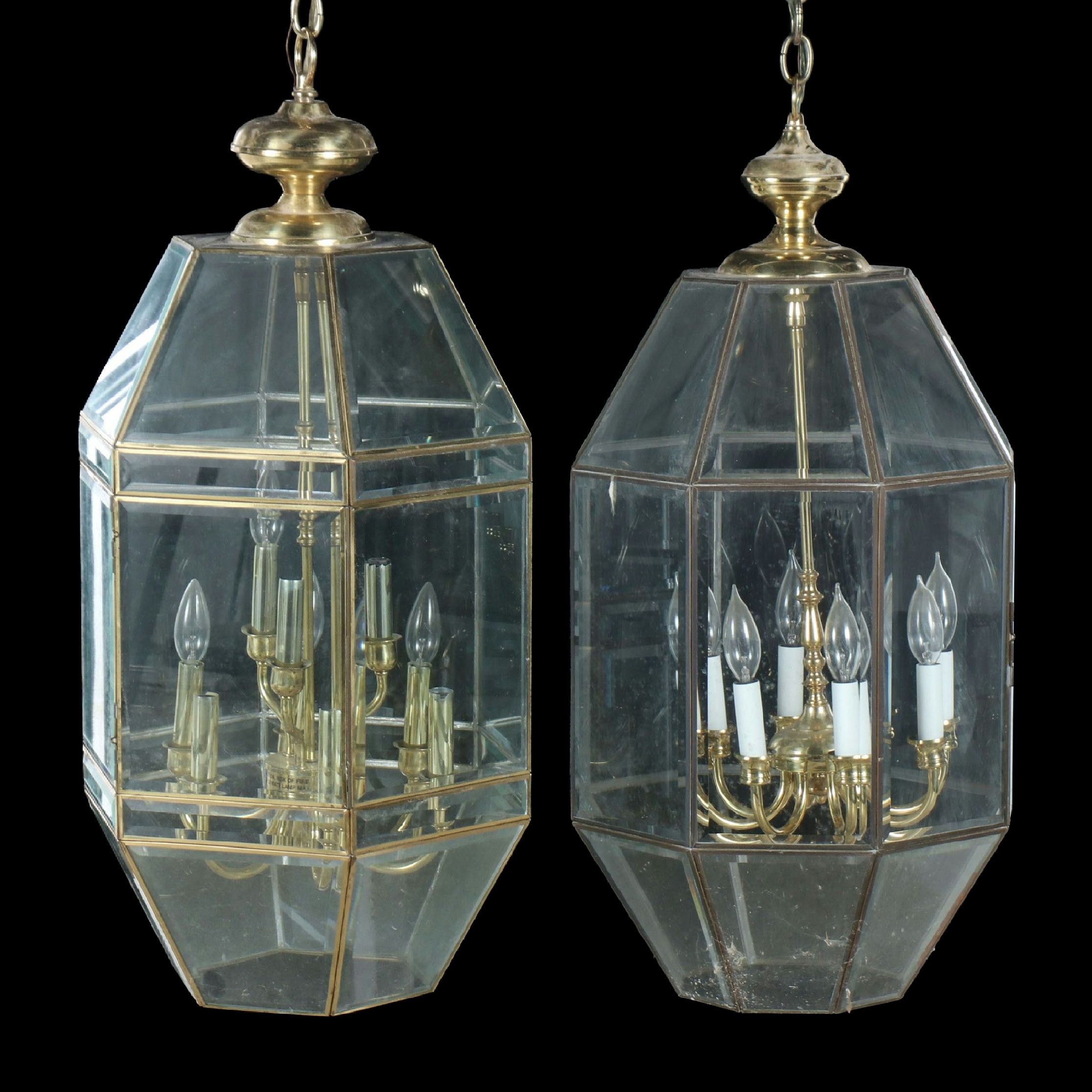 Neoclassical Style Beveled Glass and Brass Foyer Pendant Lights