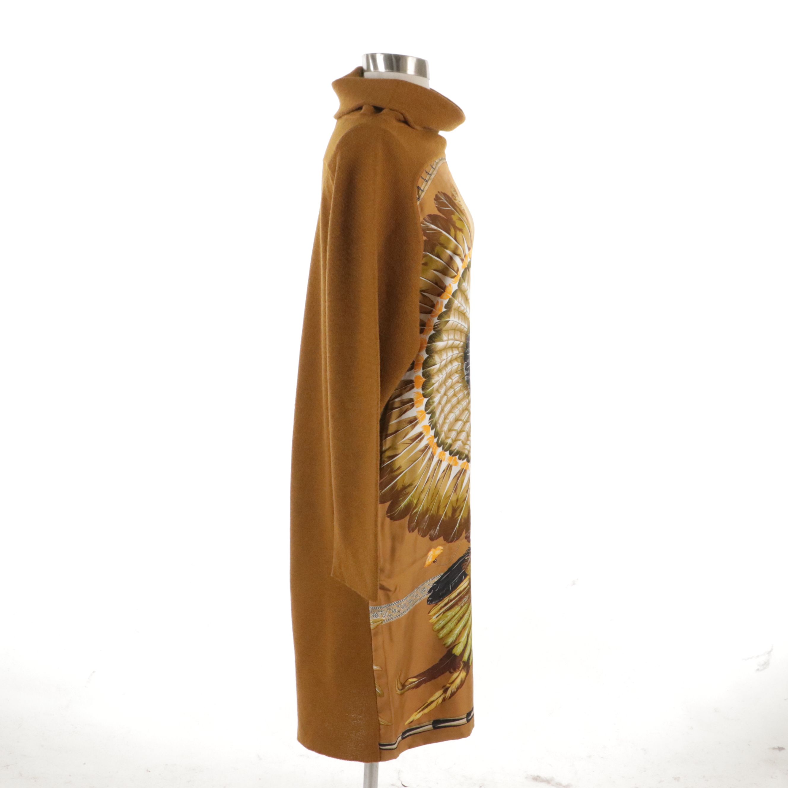 Hermès "Brazil" Cowl Neck Sweater Dress in Silk Twill and Knit Blend