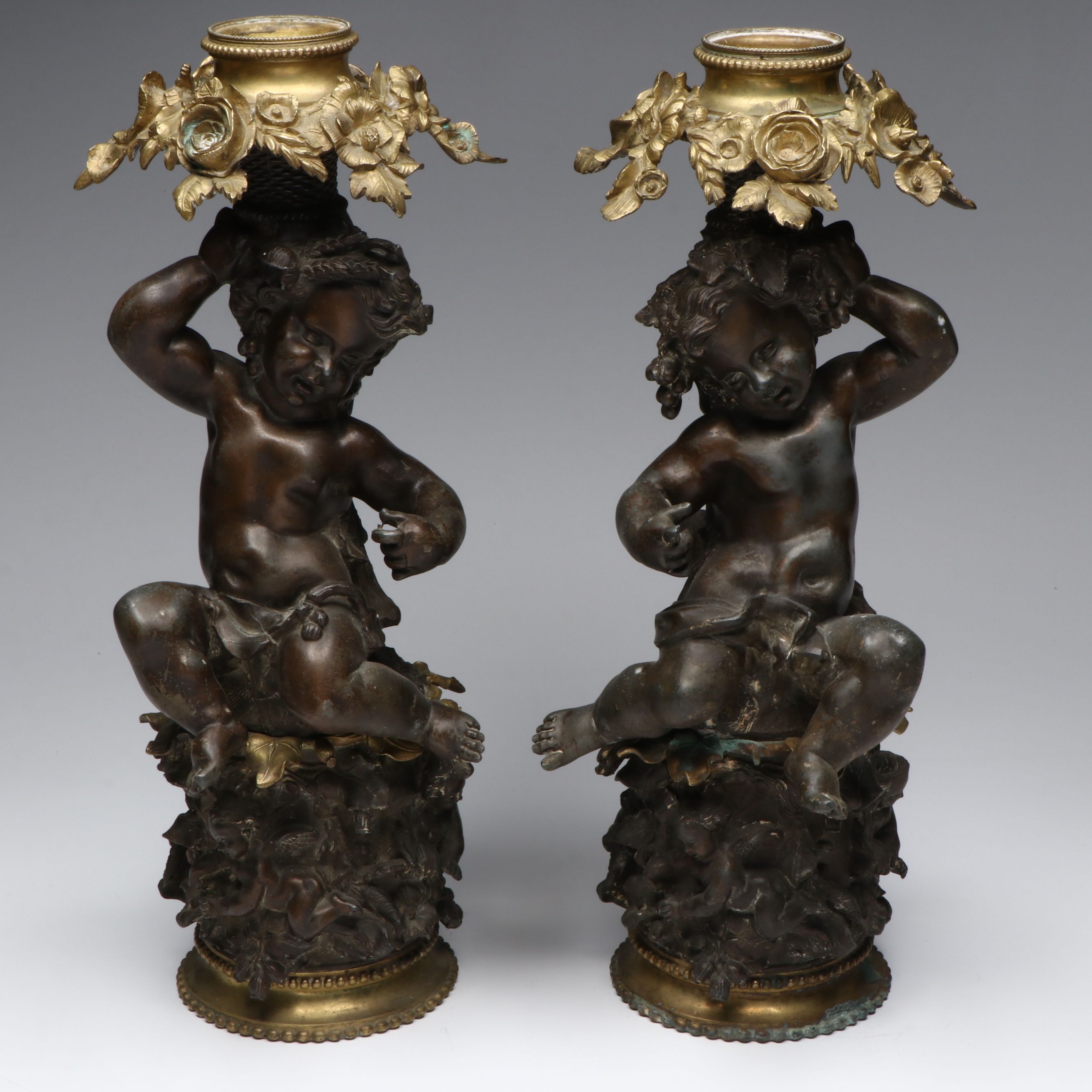 French Style Gilt and Bronze Finished Candlesticks, Late 19th Century