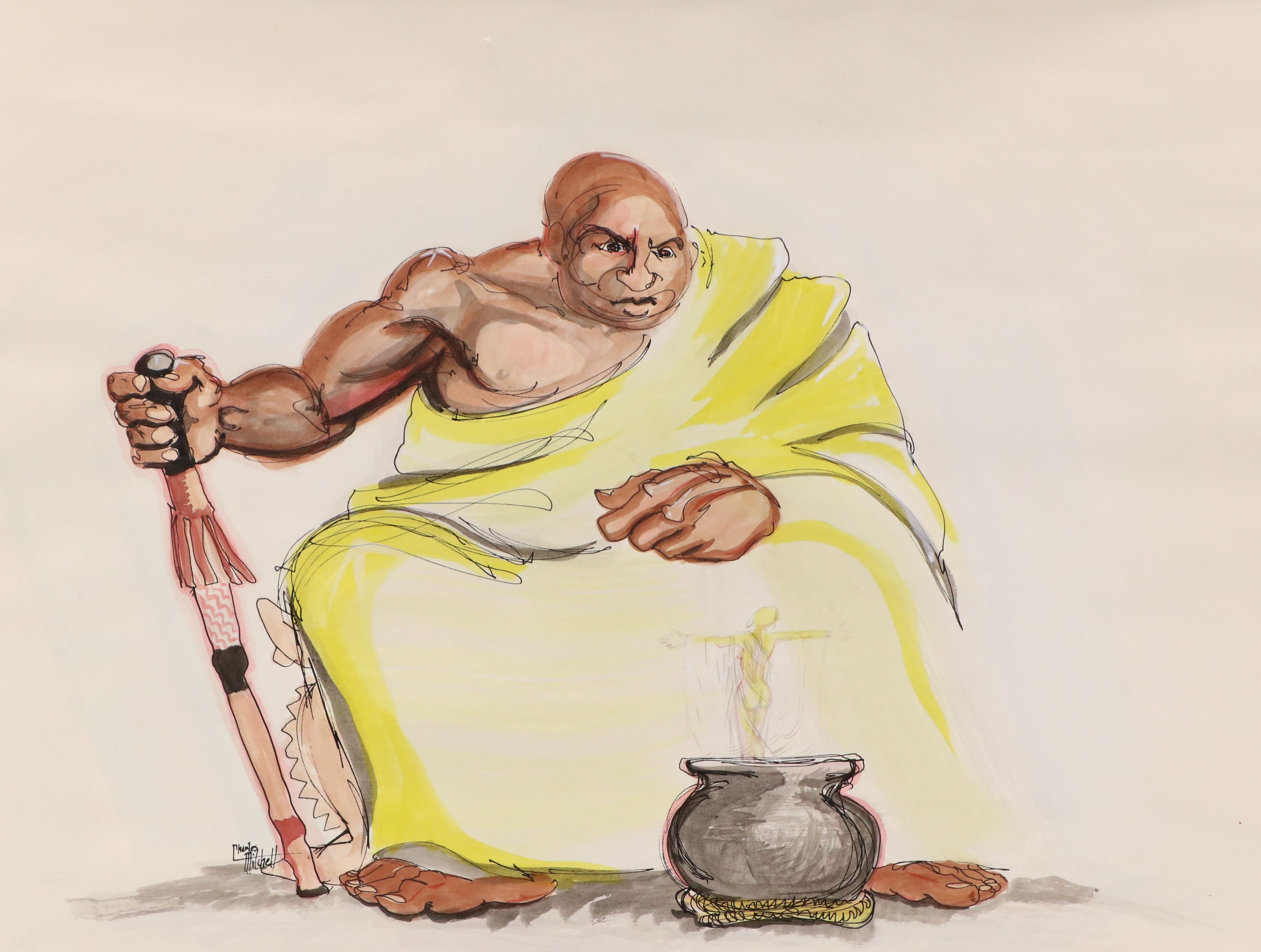 Charles Milchell Drawing of Magical Seated Figure, Late 20th Century