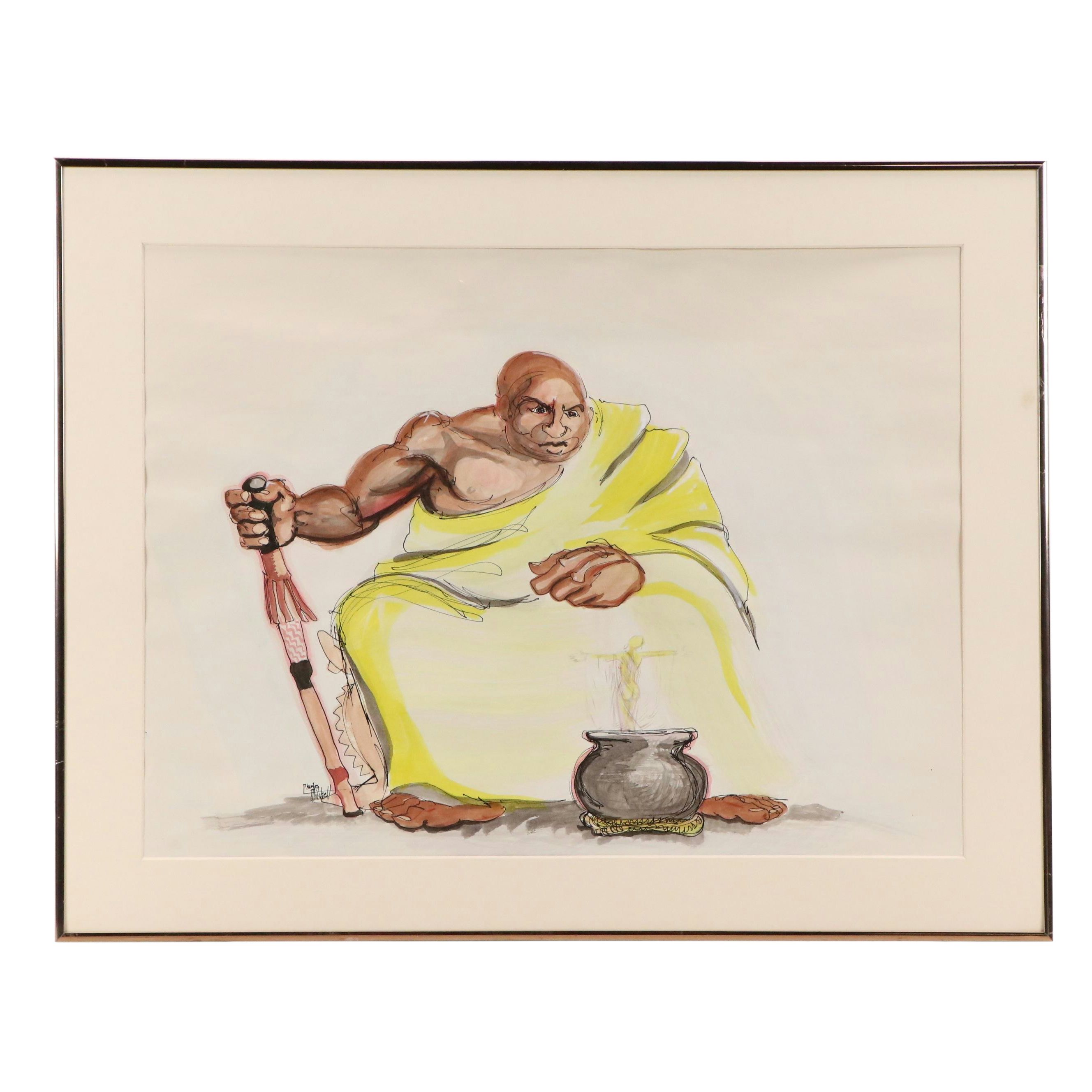 Charles Milchell Drawing of Magical Seated Figure, Late 20th Century