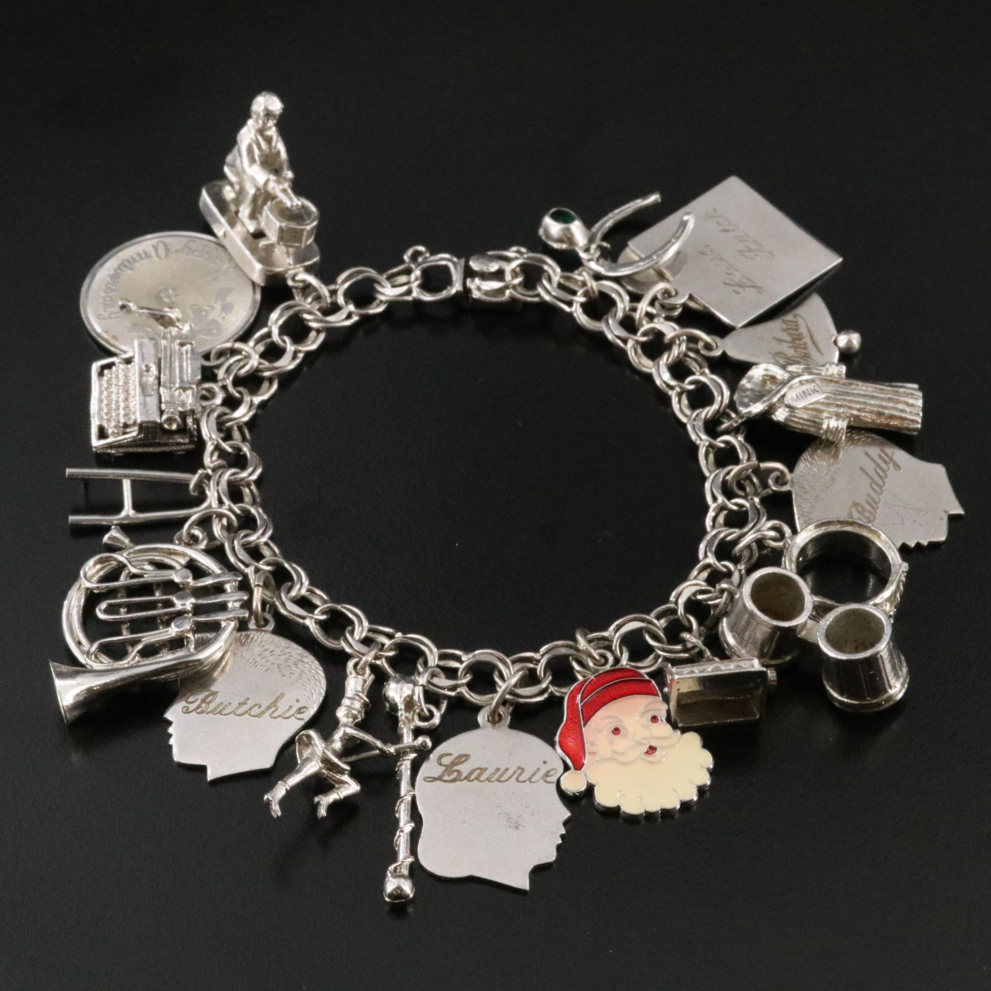 Vintage Sterling Charm Bracelet Featuring Mother-of-Pearl Drums,