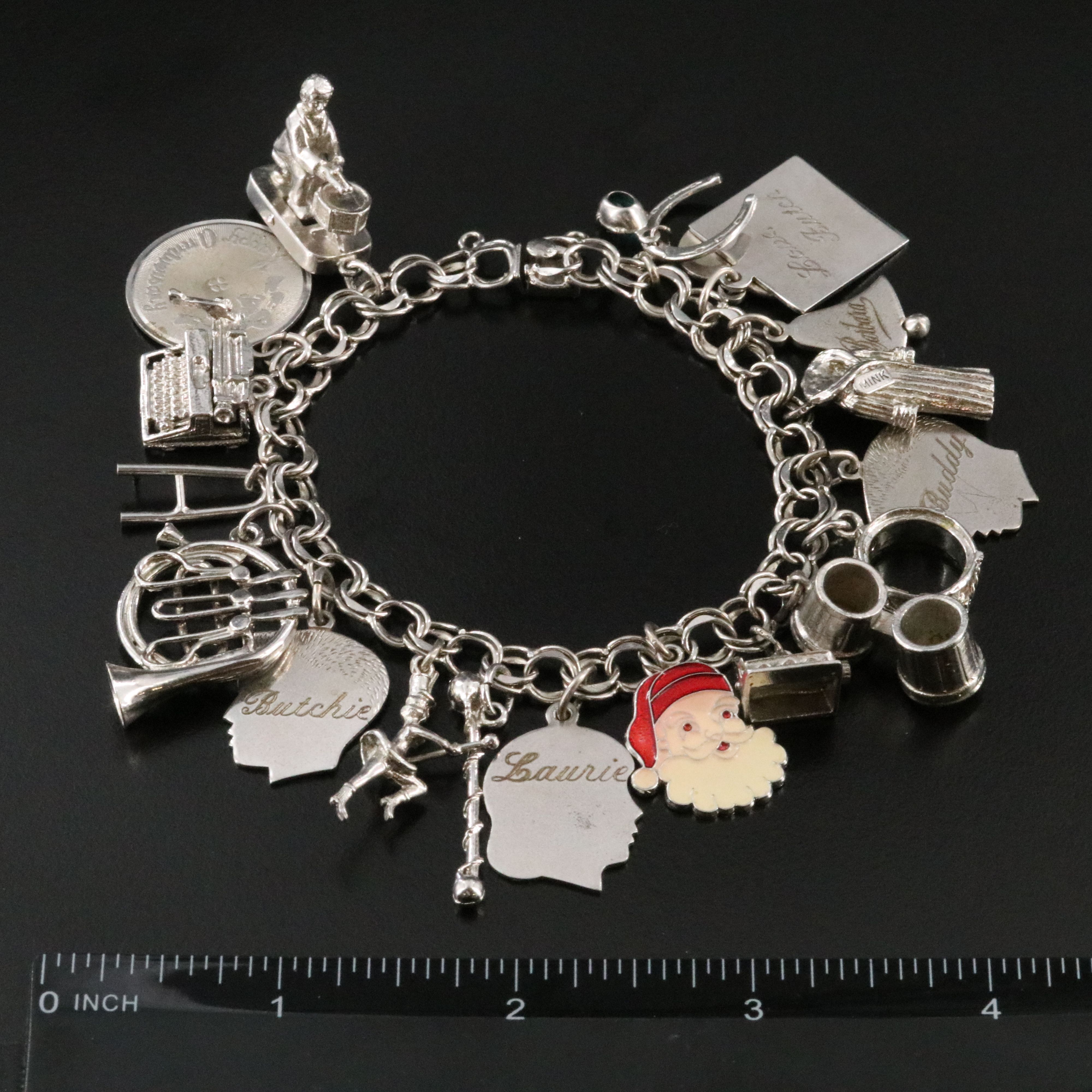 Vintage Sterling Charm Bracelet Featuring Mother-of-Pearl Drums,