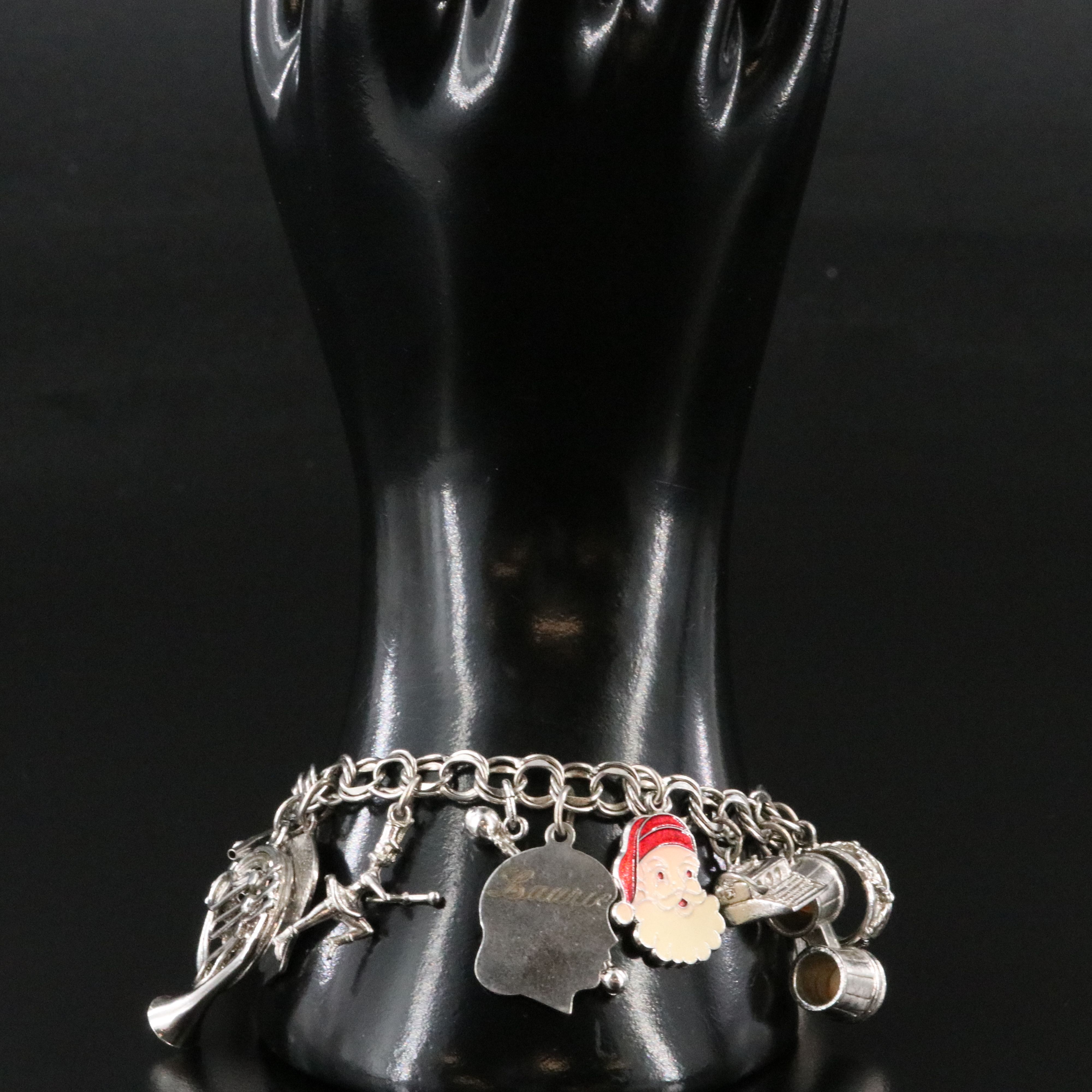 Vintage Sterling Charm Bracelet Featuring Mother-of-Pearl Drums,