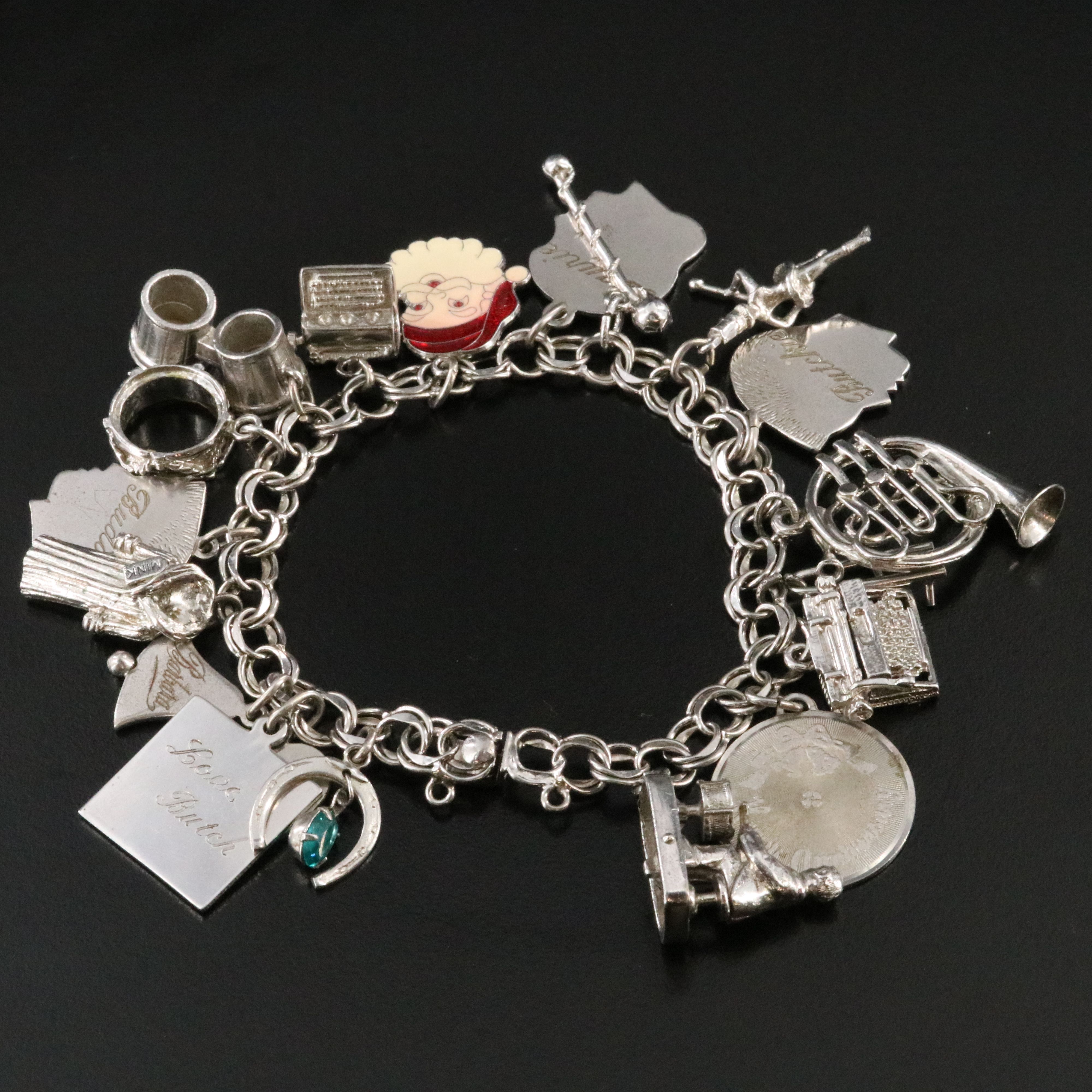 Vintage Sterling Charm Bracelet Featuring Mother-of-Pearl Drums,