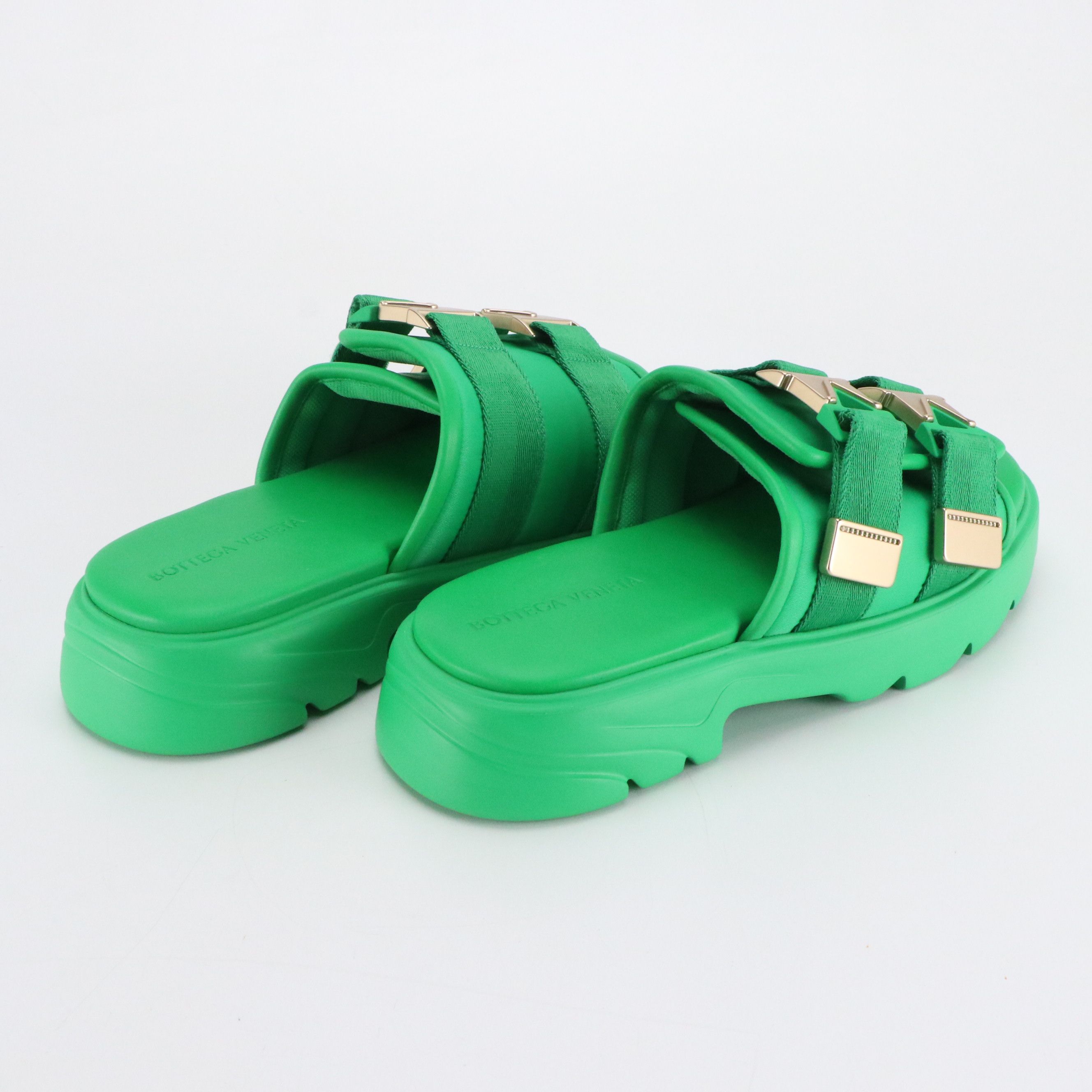 Bottega Veneta Flash Buckle Sandals in Green Nylon and Nappa Leather