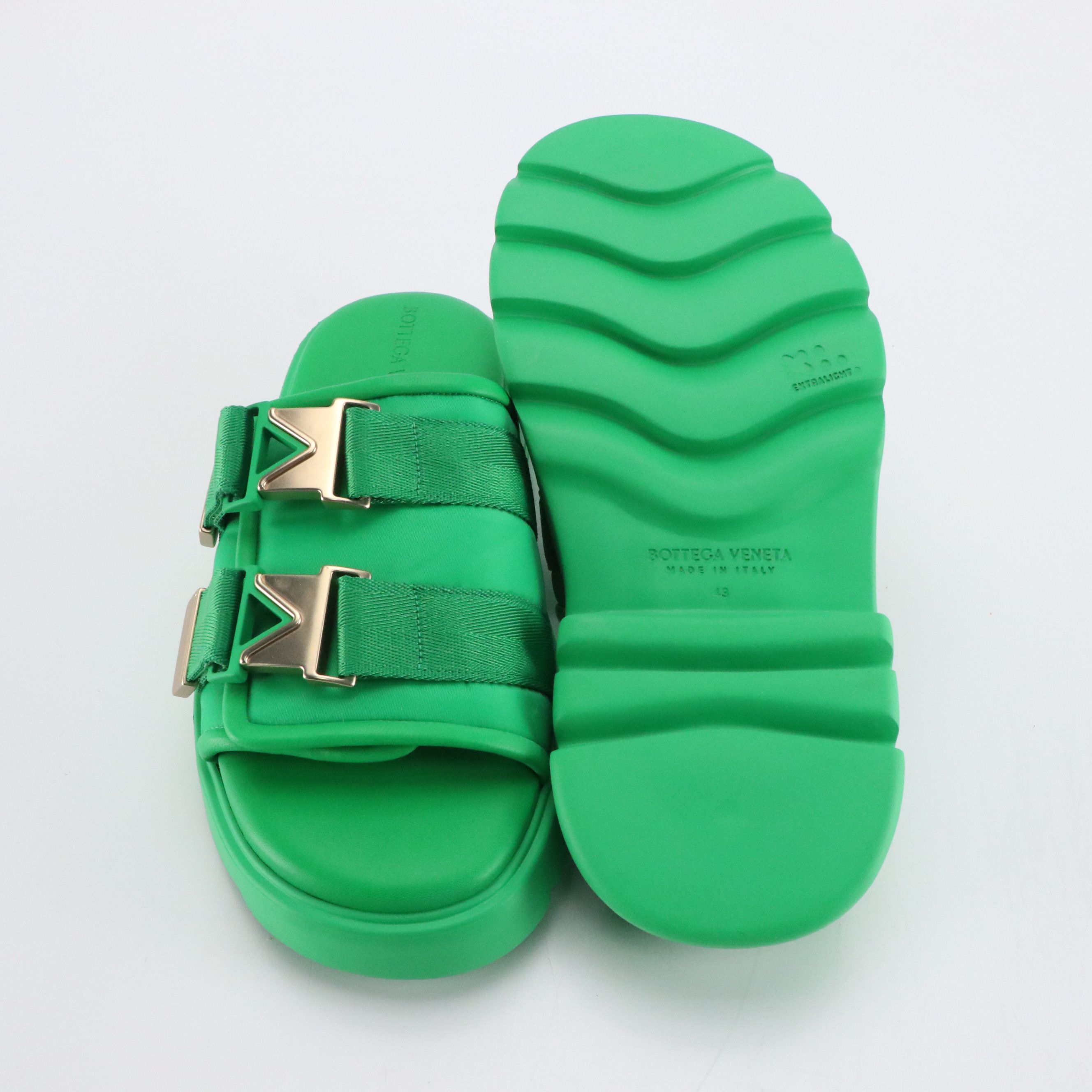 Bottega Veneta Flash Buckle Sandals in Green Nylon and Nappa Leather
